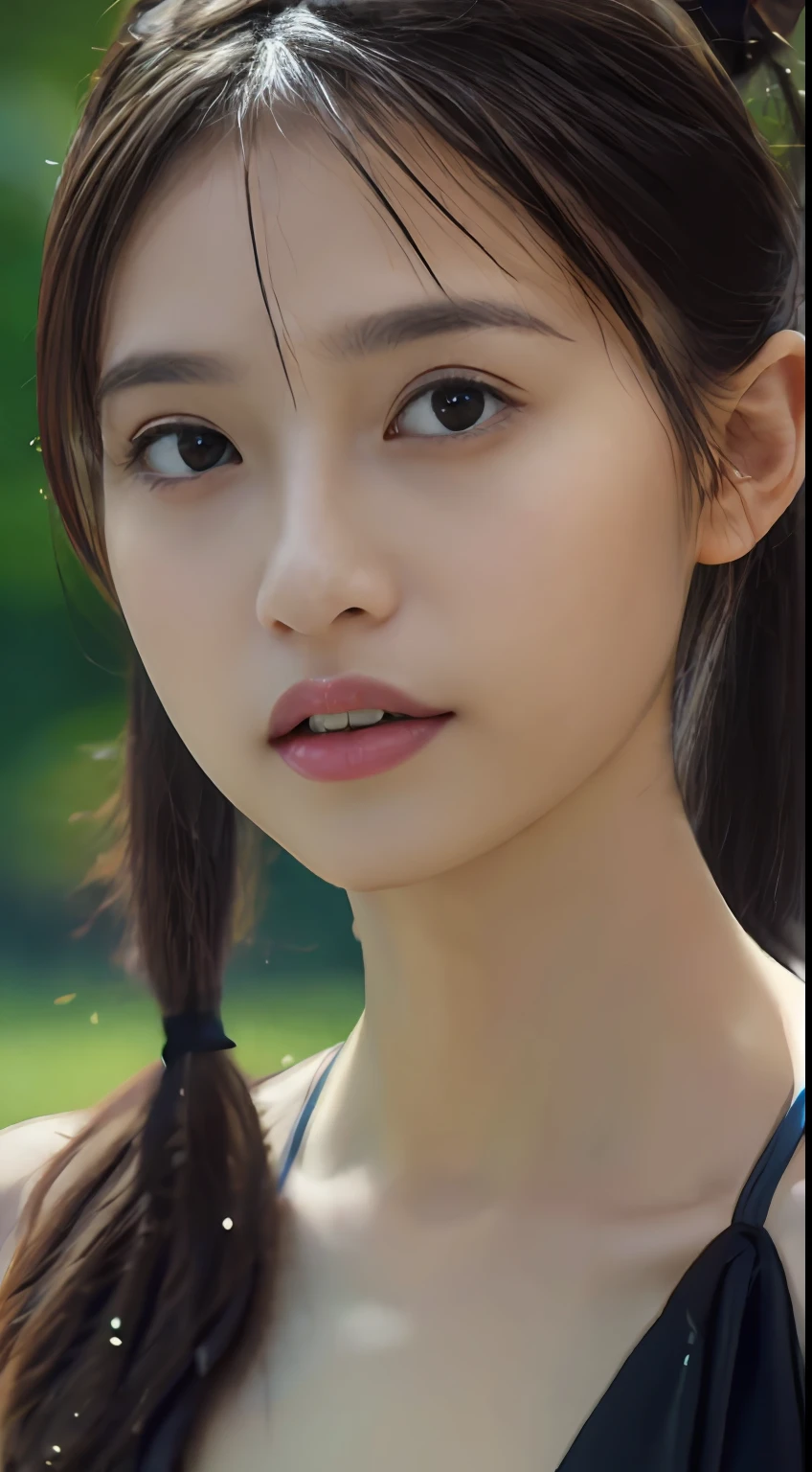 ((Best quality, 8k, Masterpiece :1.3)), 1girl, Pretty woman with emphasizing slender abs :1.3, (Dark brown hair, Ponytail, Huge breasts :1.2), Wet body:1.2, Pool, Ultra-detailed face, Detailed eyes, Double eyelid