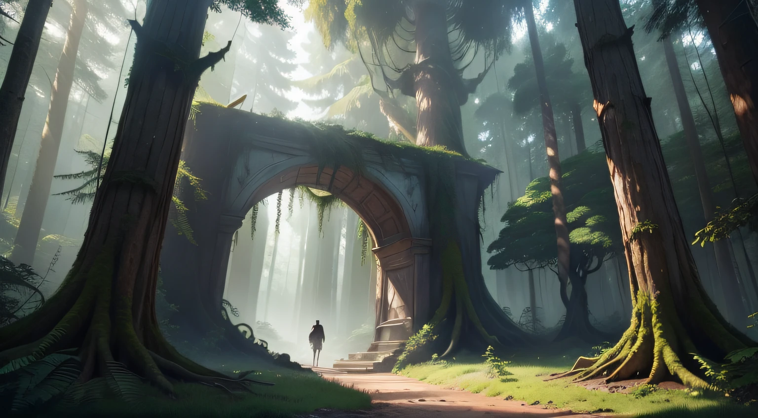 A dense, mystical forest with towering ancient trees and vibrant flora, leading towards a hidden entrance to the Forbidden For