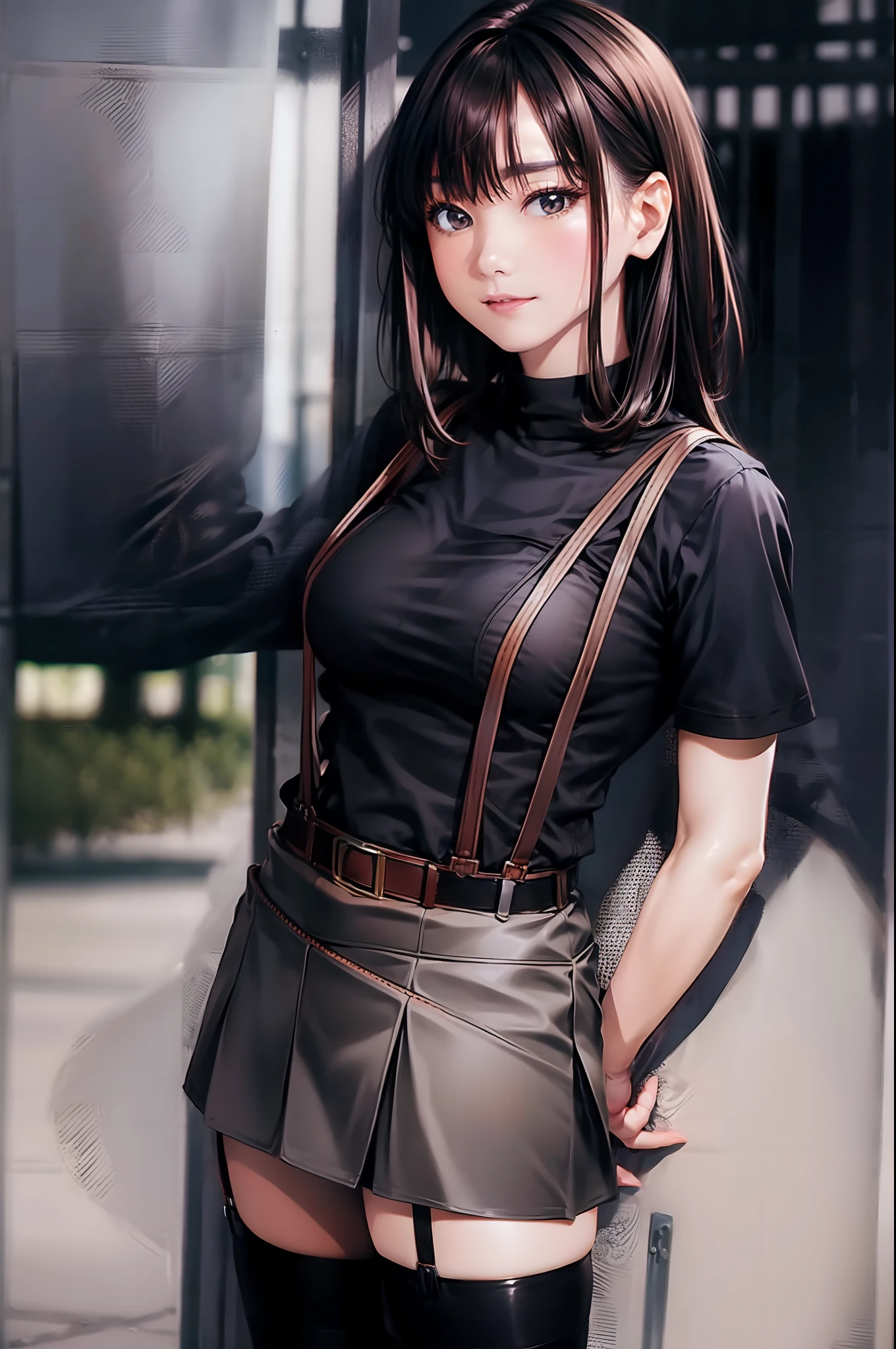 a belt　　Colossal tits　　　suspenders　　garterbelts　　　Black stockings　　Black tank top　a miniskirt　Brown hair　Gray eyes