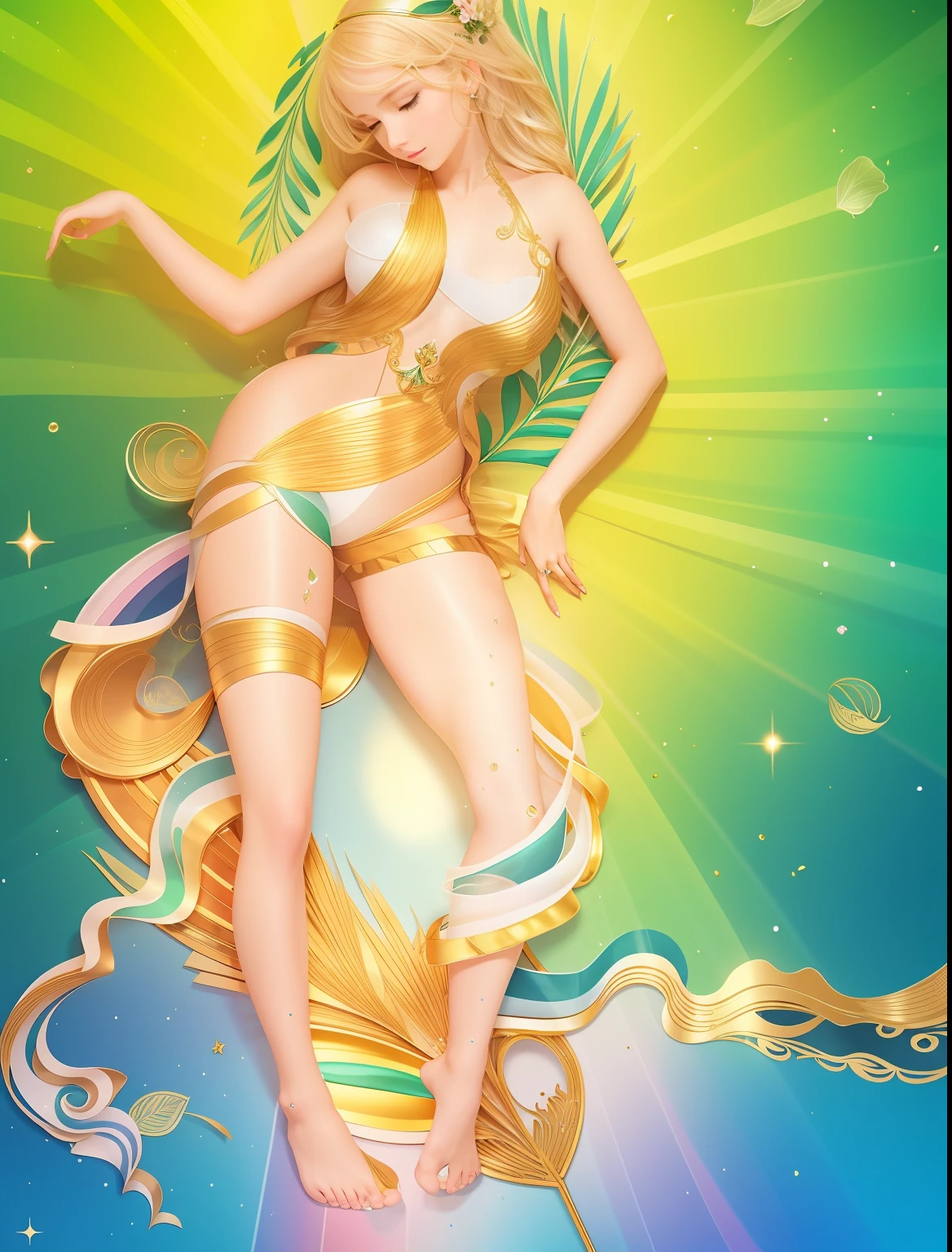 In the void, Beautiful virgins leisurely standing on green leaves dancing,The body is entangled with flowers and green leaves,A lotus flower squeezed in his hand,The head is tilted slightly to the right,white streamer,Delicate and radiant skin,Barefoot,(Long curved eyebrows),Beautiful eyes sparkle,The large, Jewel-like eyes sparkle,Clear pupils have reflected light,二重まぶた,Lying silkworm,looks into camera,((Plump and rosy lips)) Clearly visible,((Flushed cheeks)),The mandible is plump,Green skin is delicate and smooth,Delicate skin translucent,The streamers on the body are wrapped around the leaves,jewel embellishment,A delicate and dexterous crown,inlaid gemstones,Delicate and skillfully set gemstones,(Yellow dress),Perfectly designed jewelry is exquisite,Beautiful eyes looking directly at the camera,(((nice hand))),((((Good feet))),(((good legs))),realisticlying,white skinned,((Correct body structure)),Golden costume,Blue sky,Head background with round light,Behind him is a colorful rainbow circle,Color glow is turned on,Front lighting,Positive light,No shadows on the face,There are no shadows on the body,Blue sky,Unreal space,ethereal world,dreamworld,with blue sky and white clouds,tmasterpiece,4K,ultra-definition,professional photoshooting,Perspective looks up,Standard lens shooting,