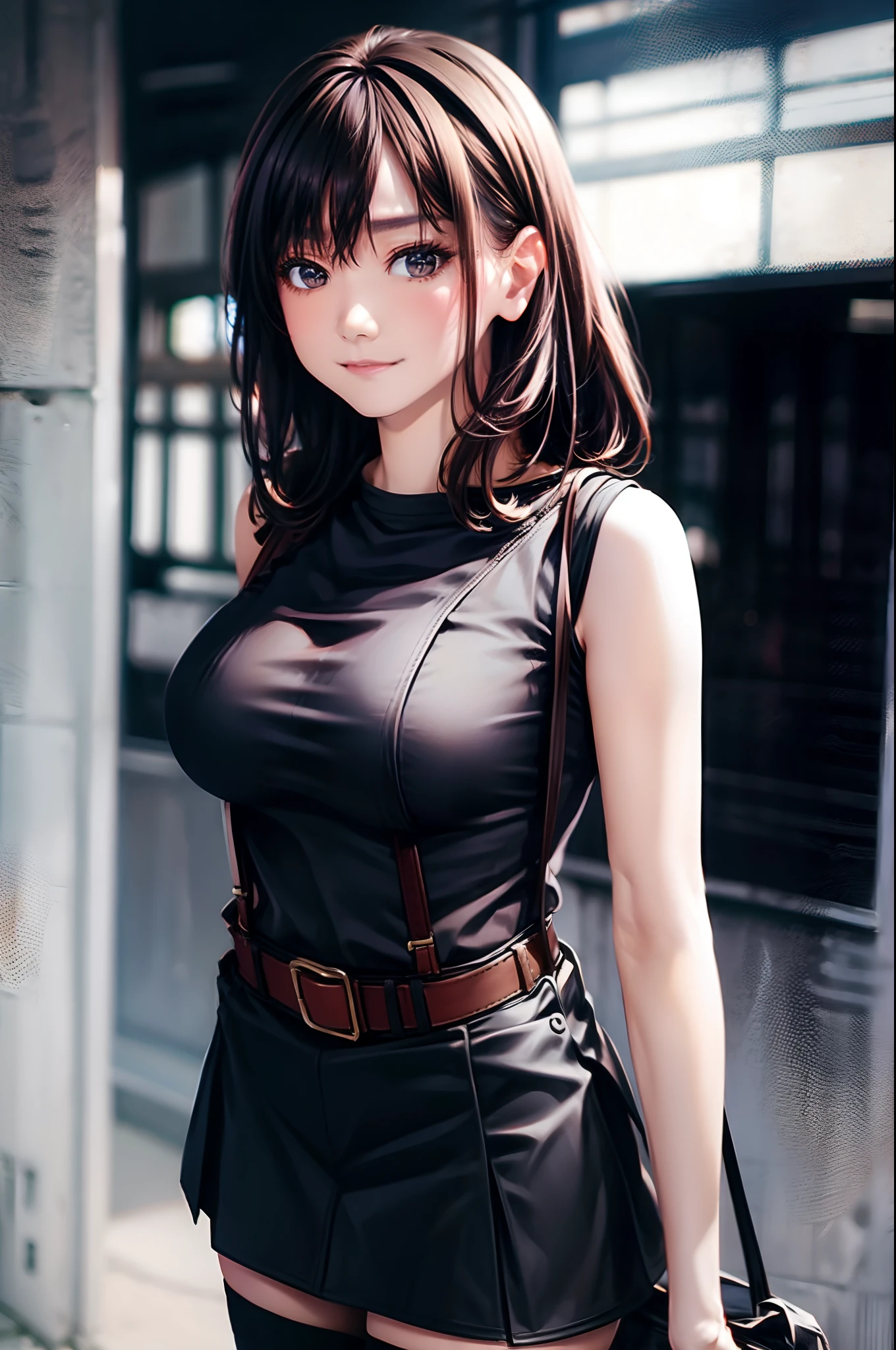 a belt Colossal tits suspenders garterbelts Black stockings Black tank top a miniskirt Brown hair Gray eyes