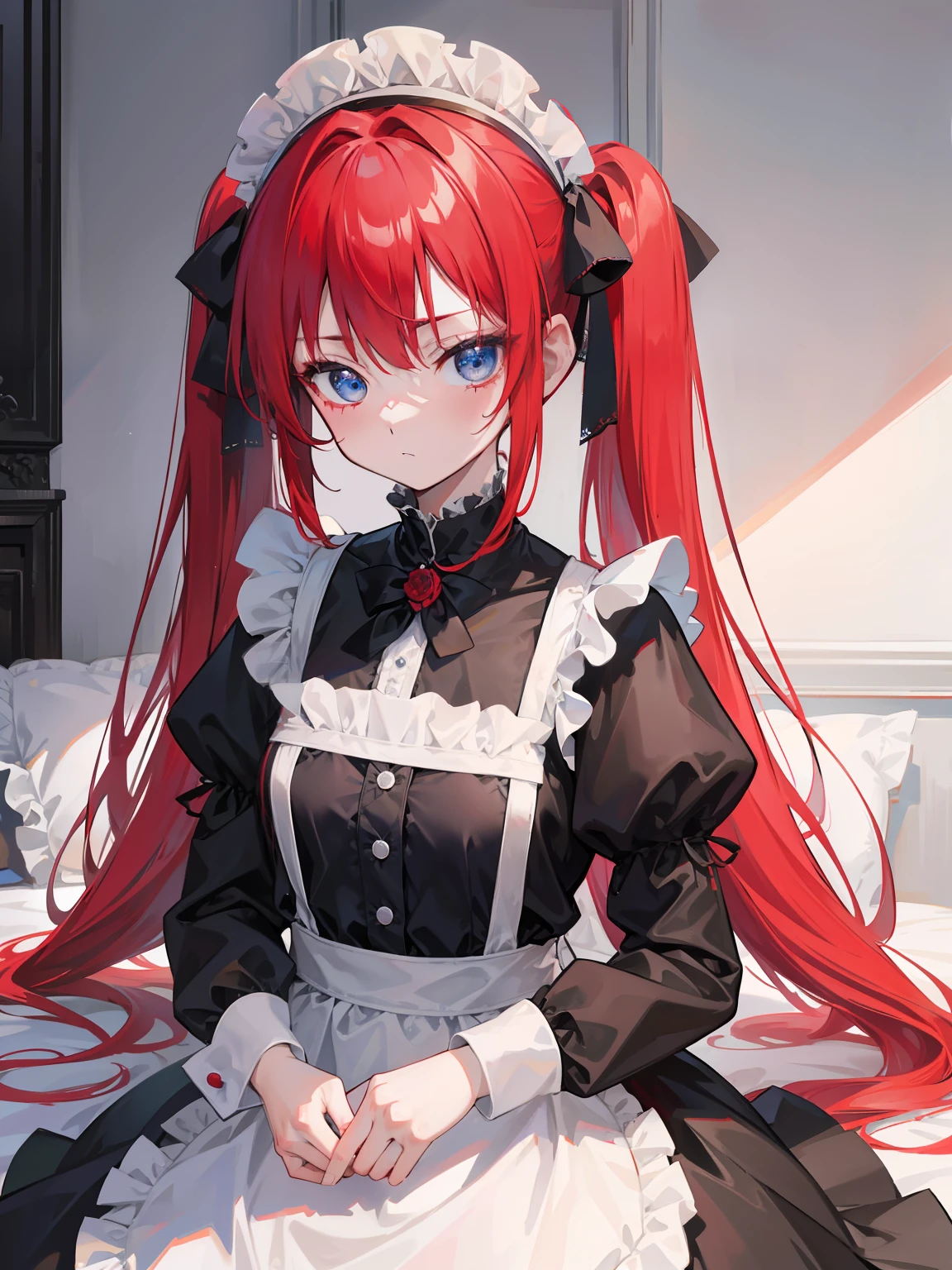 red hair,blue eyes,twintails,maid, long hair, long sleeves, gothic, solo, ,{{best quality}}, {{masterpiece}}, {{ultra-detailed}}, {illustration}, {detailed light}, {an extremely delicate and beautiful},