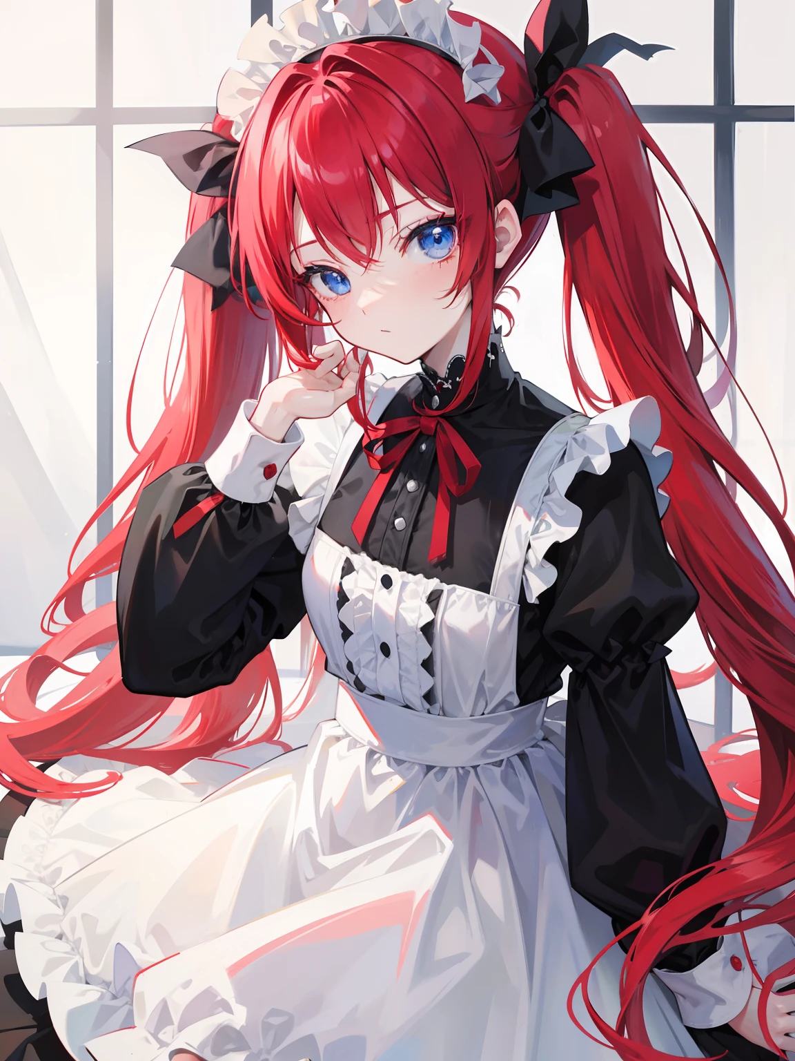 red hair,blue eyes,twintails,maid, long hair, long sleeves, gothic, solo, loli,{{best quality}}, {{masterpiece}}, {{ultra-detailed}}, {illustration}, {detailed light}, {an extremely delicate and beautiful},