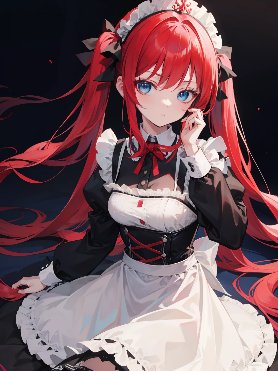 red hair,blue eyes,twintails,maid, long hair, long sleeves, gothic, solo, loli,{{best quality}}, {{masterpiece}}, {{ultra-detailed}}, {illustration}, {detailed light}, {an extremely delicate and beautiful},