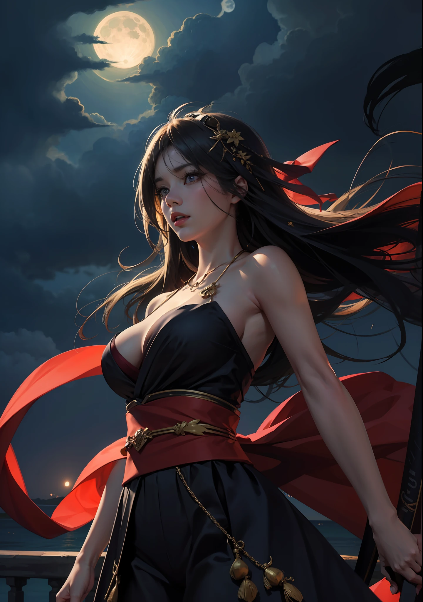 Raw photography、8K、32K、top-quality、超A high resolution、beautiful faces detailed、Real Human Skin、Gentle expression、front-facing view、angle from bellow、length hair、realphoto、realisitic、Dual-wielding female swordsman illuminated by the moonlight of a dark night、combat pose、Red Eyes、Blue eyes、Kimono with white floral pattern、Hakama with black gold decoration、Colossal tits。