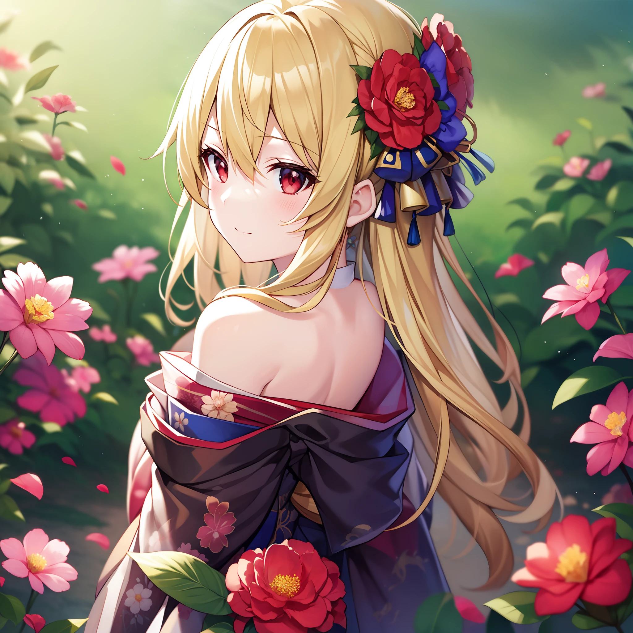 a blond、red eyes、Beautiful girl alone、独奏、animesque、flower  field、kimono、Shoulders are protruding