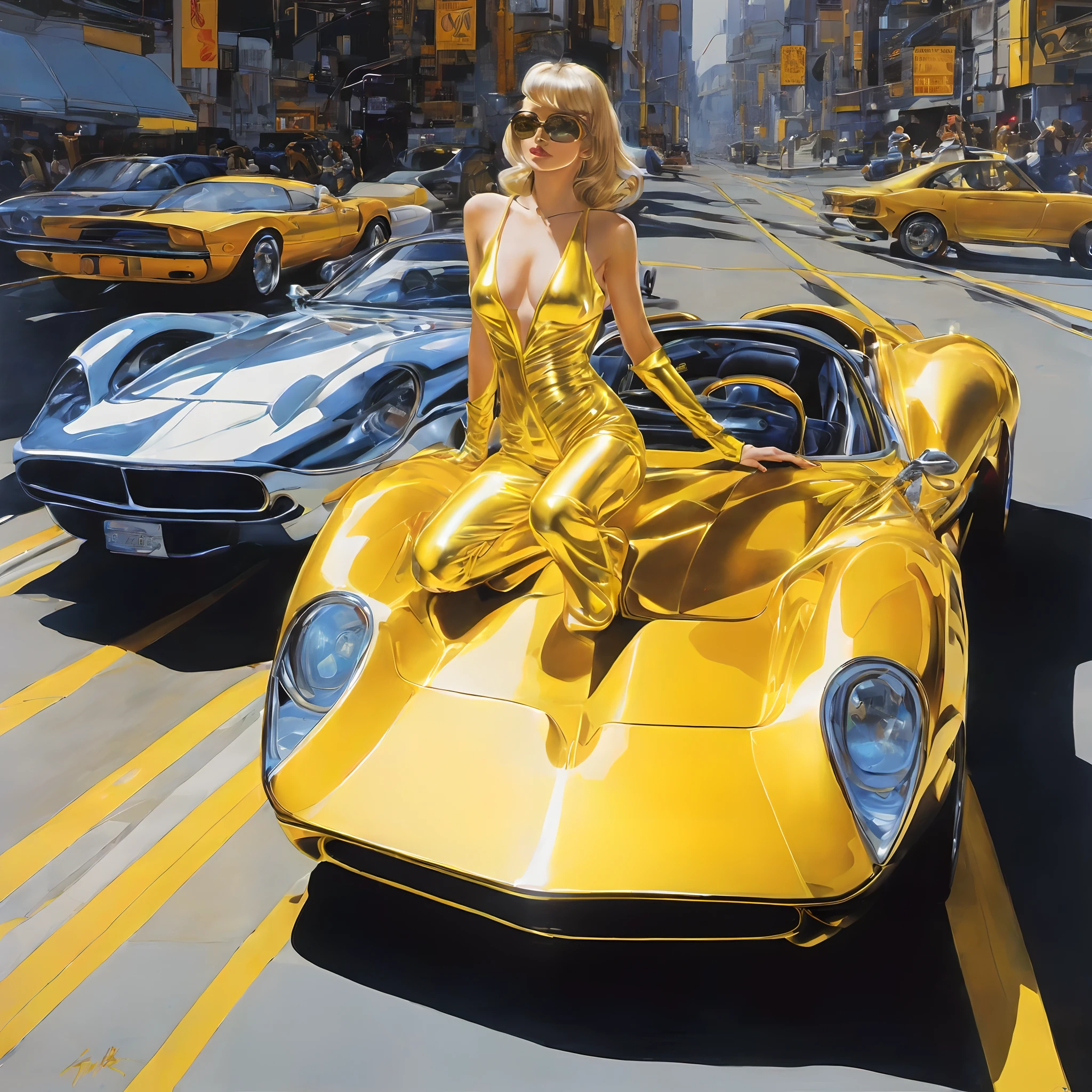 painting of a woman in a gold dress sitting on a yellow sports car, syd mead and mark brooks, syd mead. rich colors, james gurney painting style, the style of syd mead, syd mead cinematic painting, style of syd mead, in style of syd mead, syd mead style, by Syd Mead, syd mead color scheme, syd mead concept art
