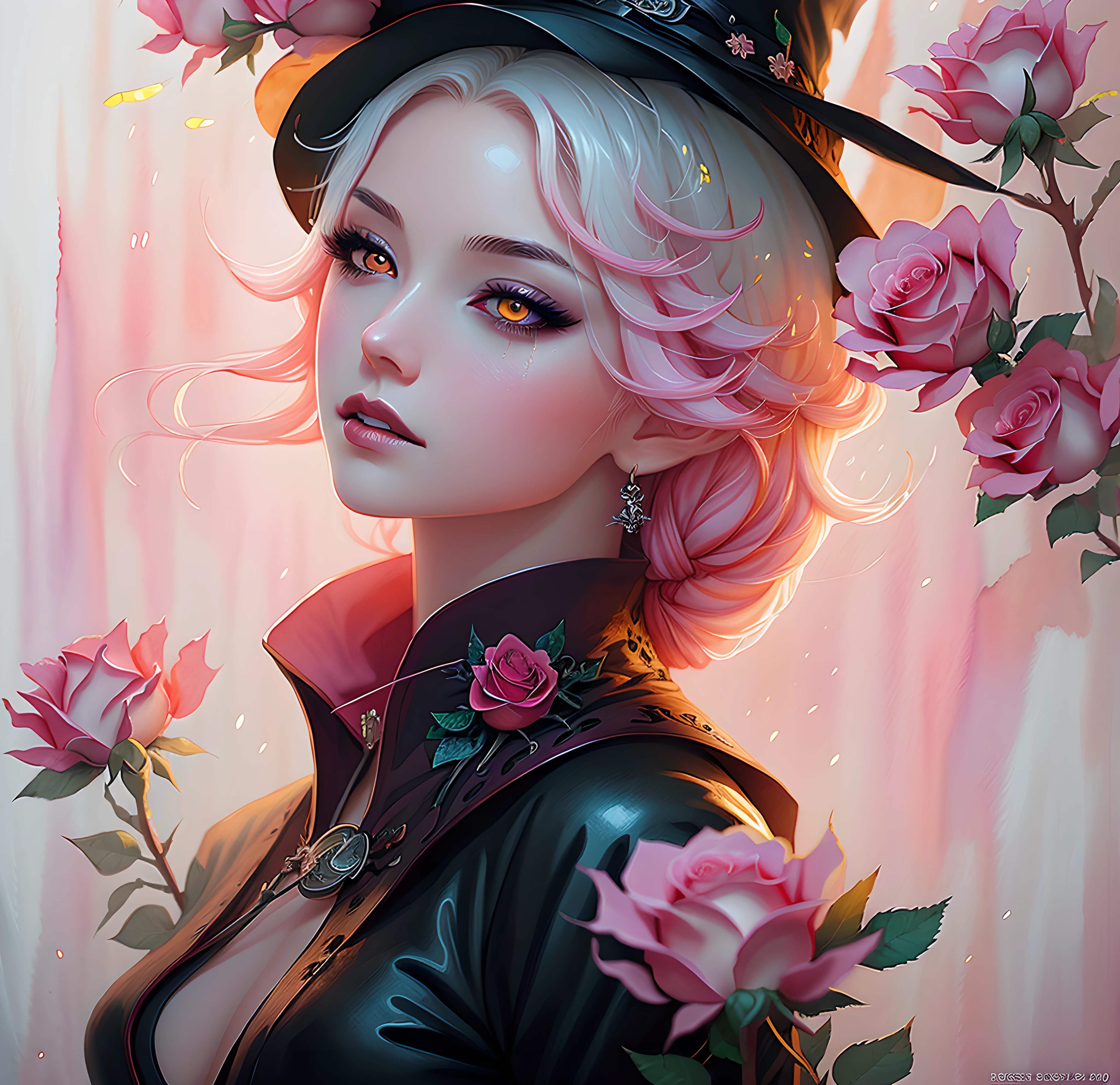 anime Vampire witch girl, long white hair, gothic style, roses in hair,dark black eyelashes ,glowing pink eyes, digital illustration, comic style, gothic renaissance, centered, approaching perfection, dynamic, highly detailed, watercolor painting, artstation, concept art, smooth, sharp focus, illustration, art by wlop and ross tran, pink and red tetradic colors