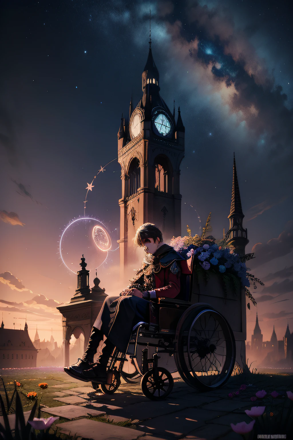 The fallen prince,Born with a disability,Look at the residual flowers,Sit and laugh maniacally,Under the miserable tower,The sky is shattered with huge star rings and filled with mechanical wind
