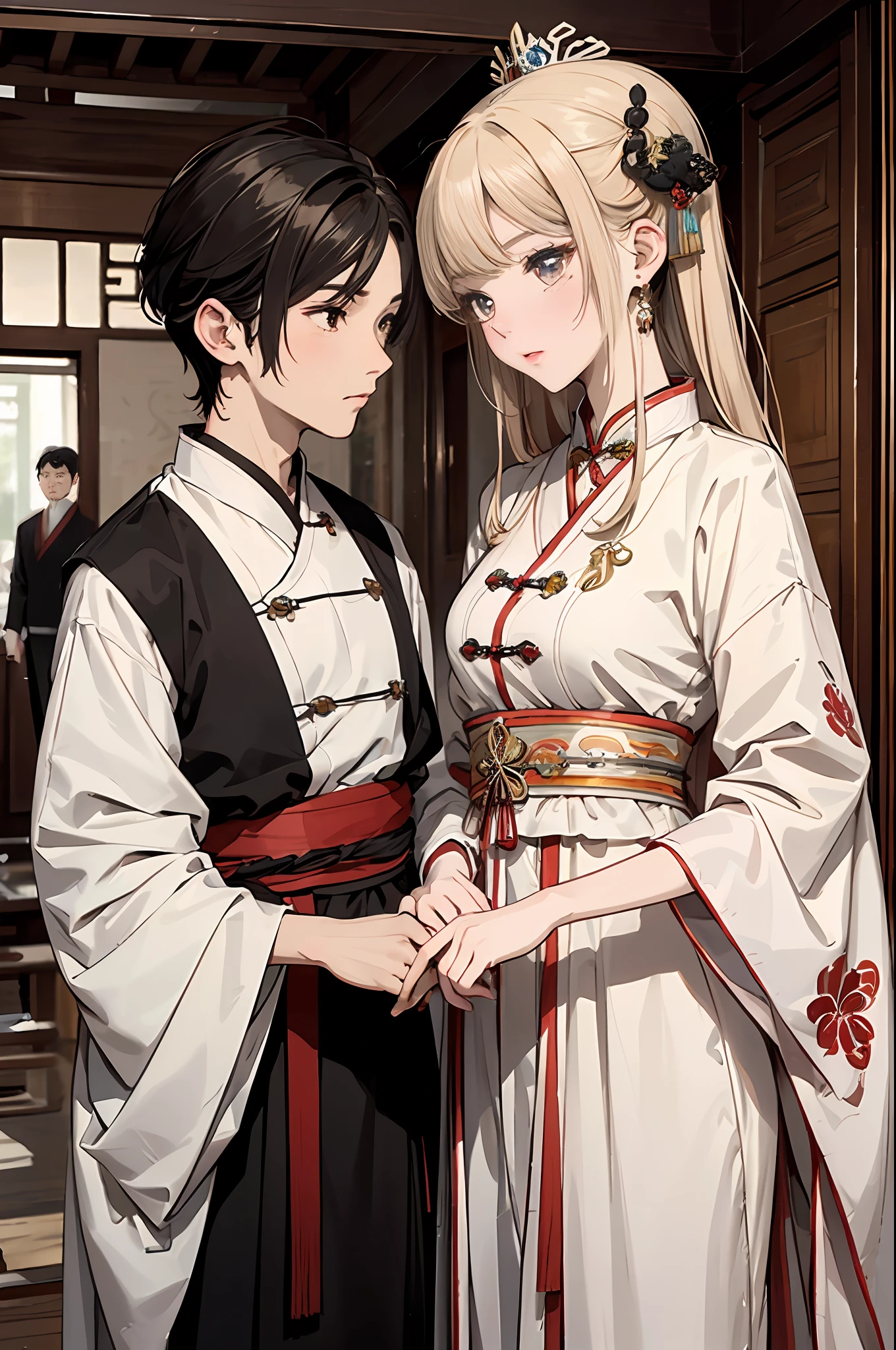 A high resolution,ultra - detailed,handpainted,Simple lines,two guys,A man,A woman,The male is a imperial doctor,Wearing official uniforms,The woman wears a colorful astringent dress。Ancient Chinese imperial physicians gave concubines a pulse。
