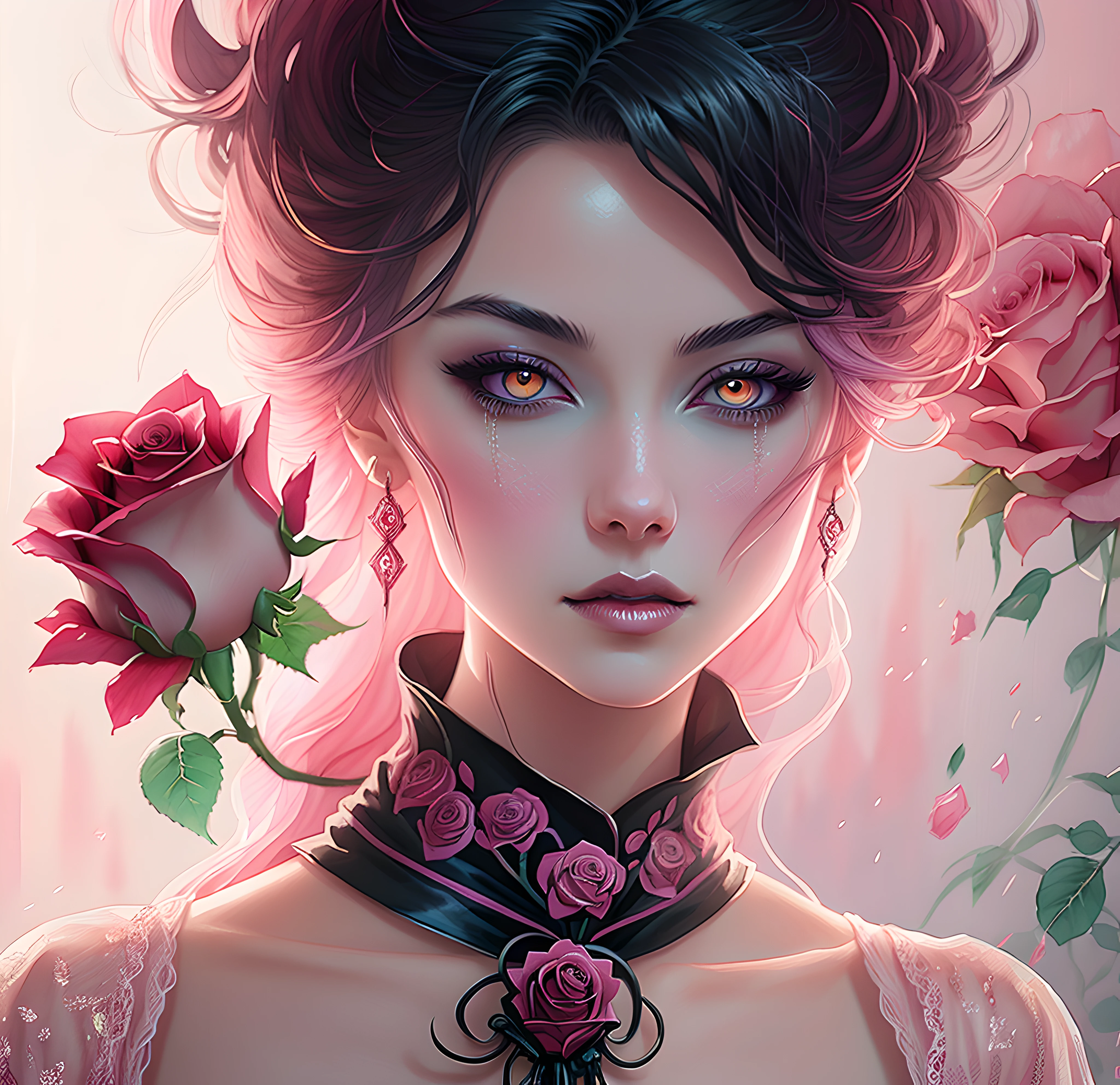 anime Vampire witch girl, long white hair, gothic style, roses in hair,dark black eyelashes ,glowing pink eyes, digital illustration, comic style, gothic renaissance, centered, approaching perfection, dynamic, highly detailed, watercolor painting, artstation, concept art, smooth, sharp focus, illustration, art by wlop and ross tran, pink and red tetradic colors