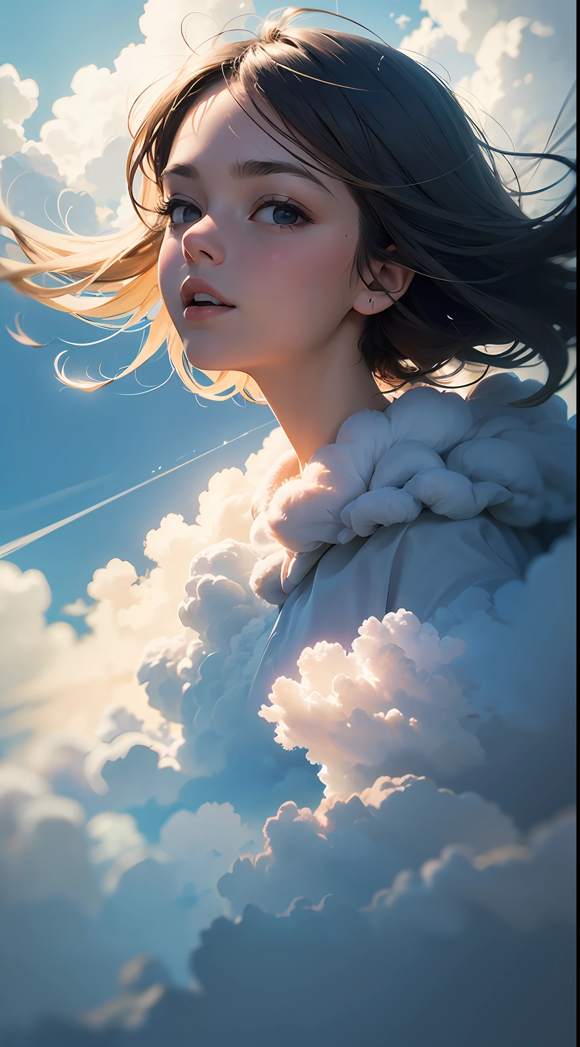 masterpiece, best quality, movie still, 1girl, floating in the sky, cloud girl, cloud, (close-up:1.1), bright, happy, fun, soft lighting, (Bauhaus, shapes, lines, abstract:1.1) --auto