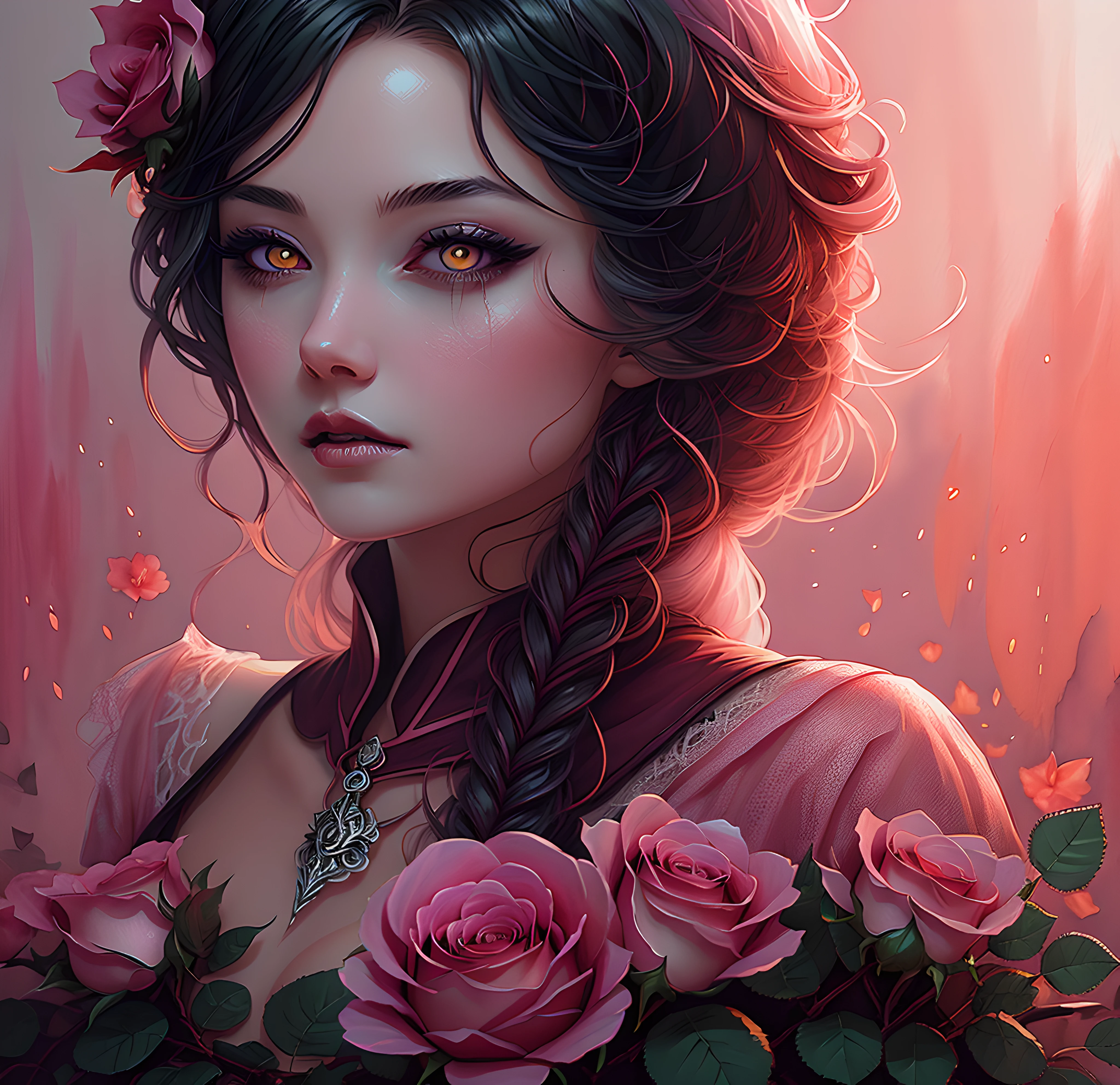 anime Vampire witch girl, long white hair, gothic style, roses in hair,dark black eyelashes ,glowing pink eyes, digital illustration, comic style, gothic renaissance, centered, approaching perfection, dynamic, highly detailed, watercolor painting, artstation, concept art, smooth, sharp focus, illustration, art by wlop and ross tran, pink and red tetradic colors