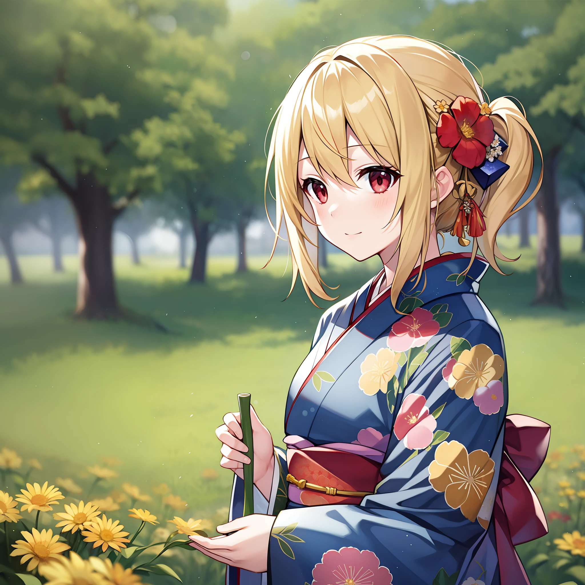 a blond、red eyes、Floral kimono、Beautiful girl alone、独奏、animesque、flower  field、