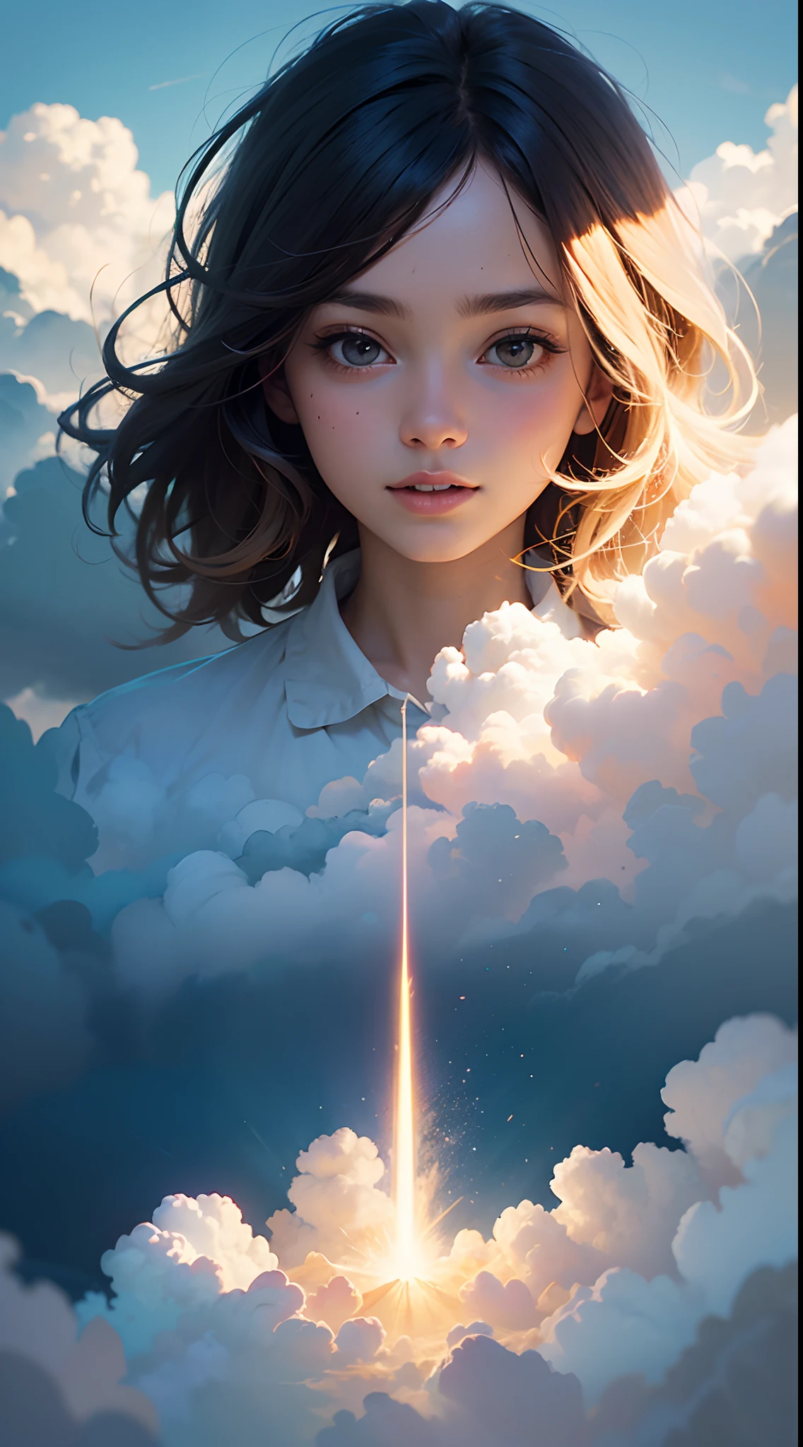 masterpiece, best quality, movie still, 1girl, floating in the sky, cloud girl, cloud, (close-up:1.1), bright, happy, fun, soft lighting, (Bauhaus, shapes, lines, abstract:1.1) --auto