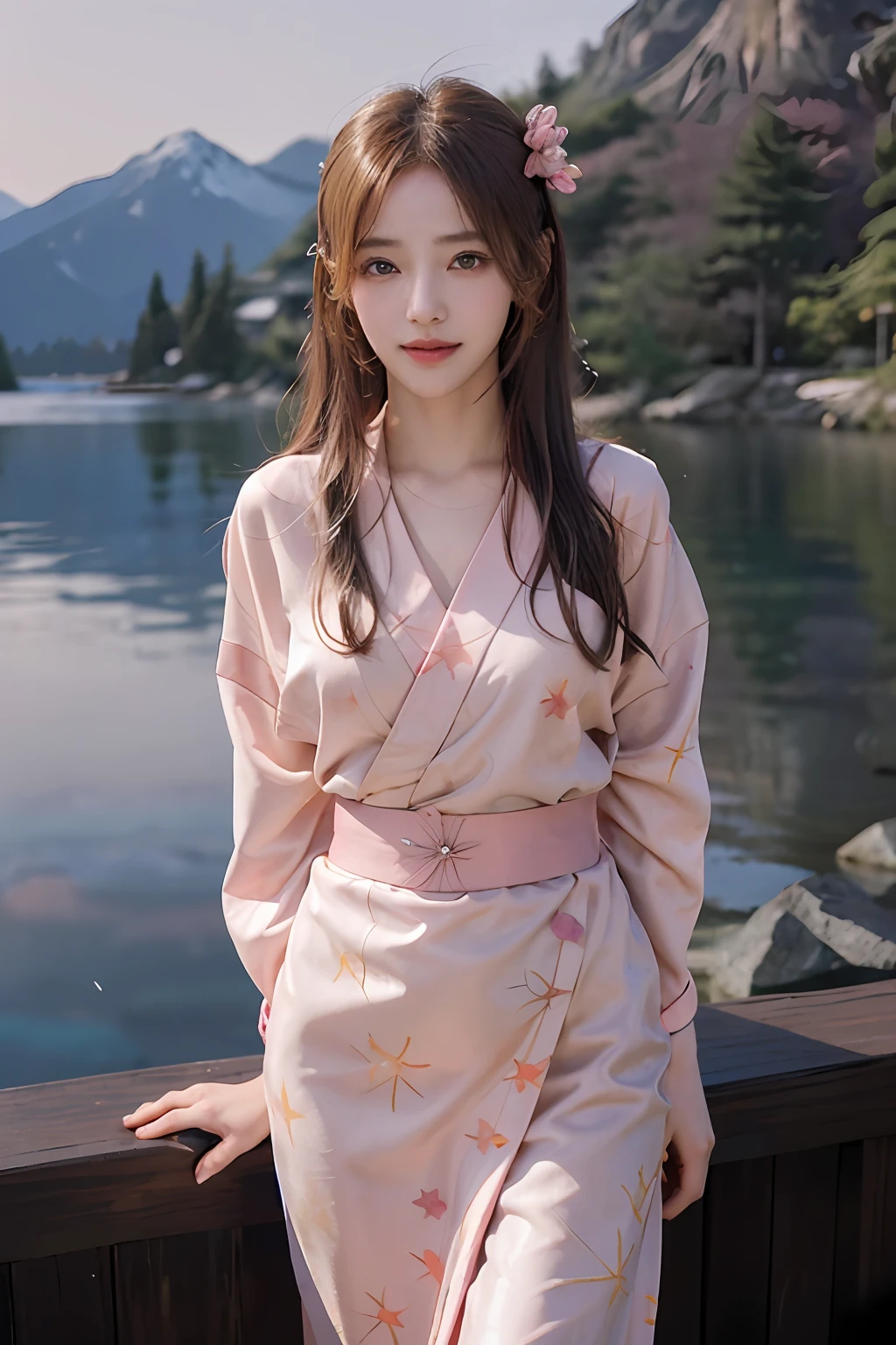 asuna, masterpiece, best quality, detailed, (1girl), solo, detailed golden eyes, long hair, standing, close to viewer, (detailed pink kimono), light smile, medium breasts, (arms behind back), water, sunset, (hair ornament), (Sakura bloom), (starry sky), snow mountain lake in the background, comet