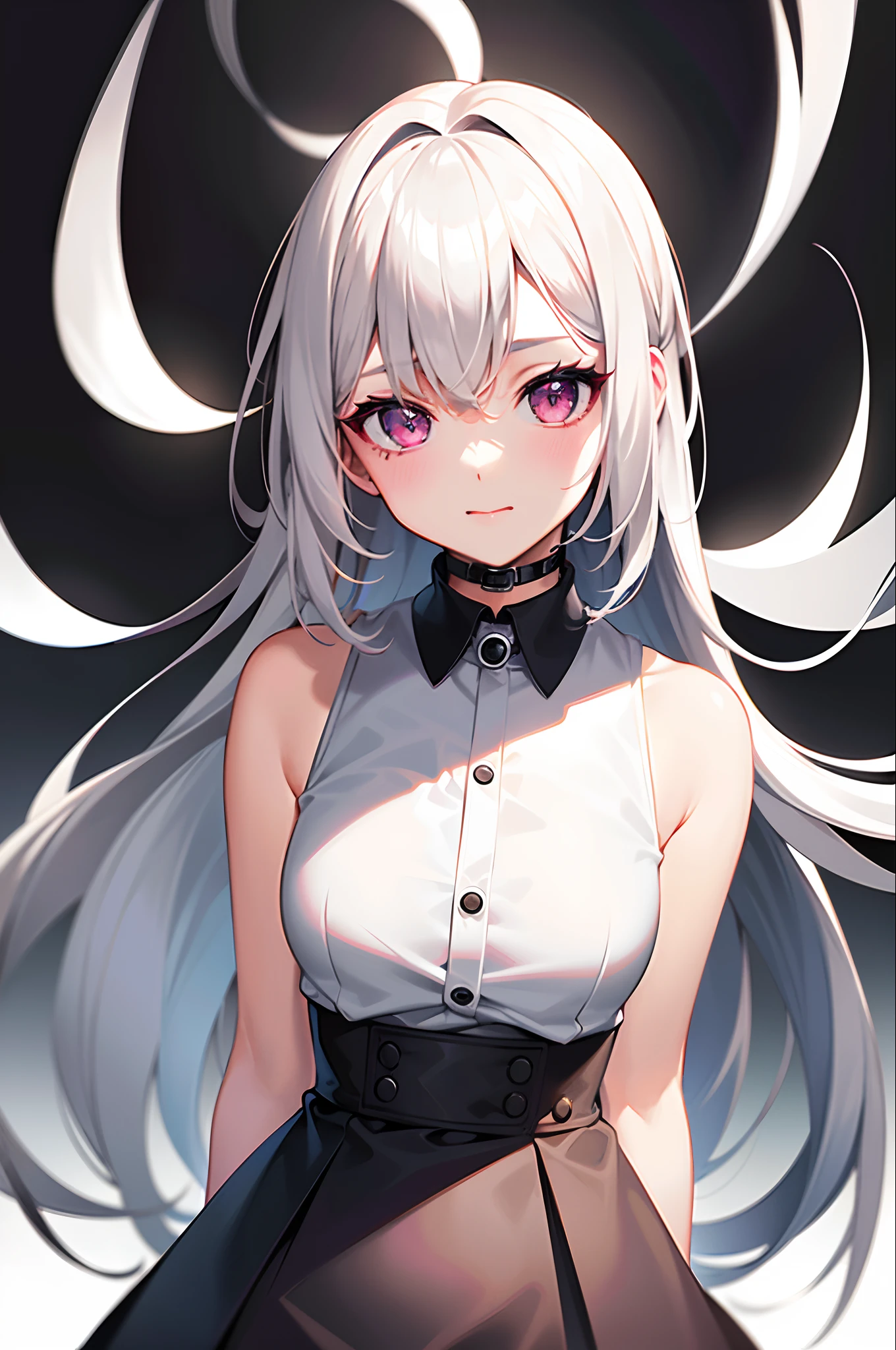 best quality, ultra high res, 1girl, sleeveless white button shirt, black skirt, black choker, cute, (Kpop idol), (aegyo sal:1), (platinum blonde hair:1), ((puffy eyes)), looking at viewer, full body, facing front