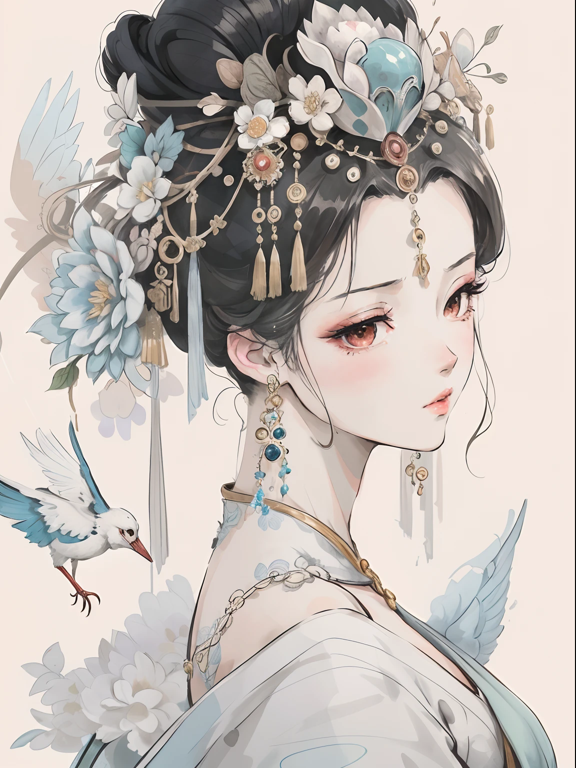 Close-up of a woman with a bird and a bird on her head, Palace ， A girl in Hanfu, Exquisite digital illustration, Beautiful character painting, ((a beautiful fantasy empress)), A beautiful artwork illustration, a beautiful fantasy empress, ancient china art style, trending on artstration, Princesa chinesa antiga, China Princess, stunning art style, Beautiful digital illustration