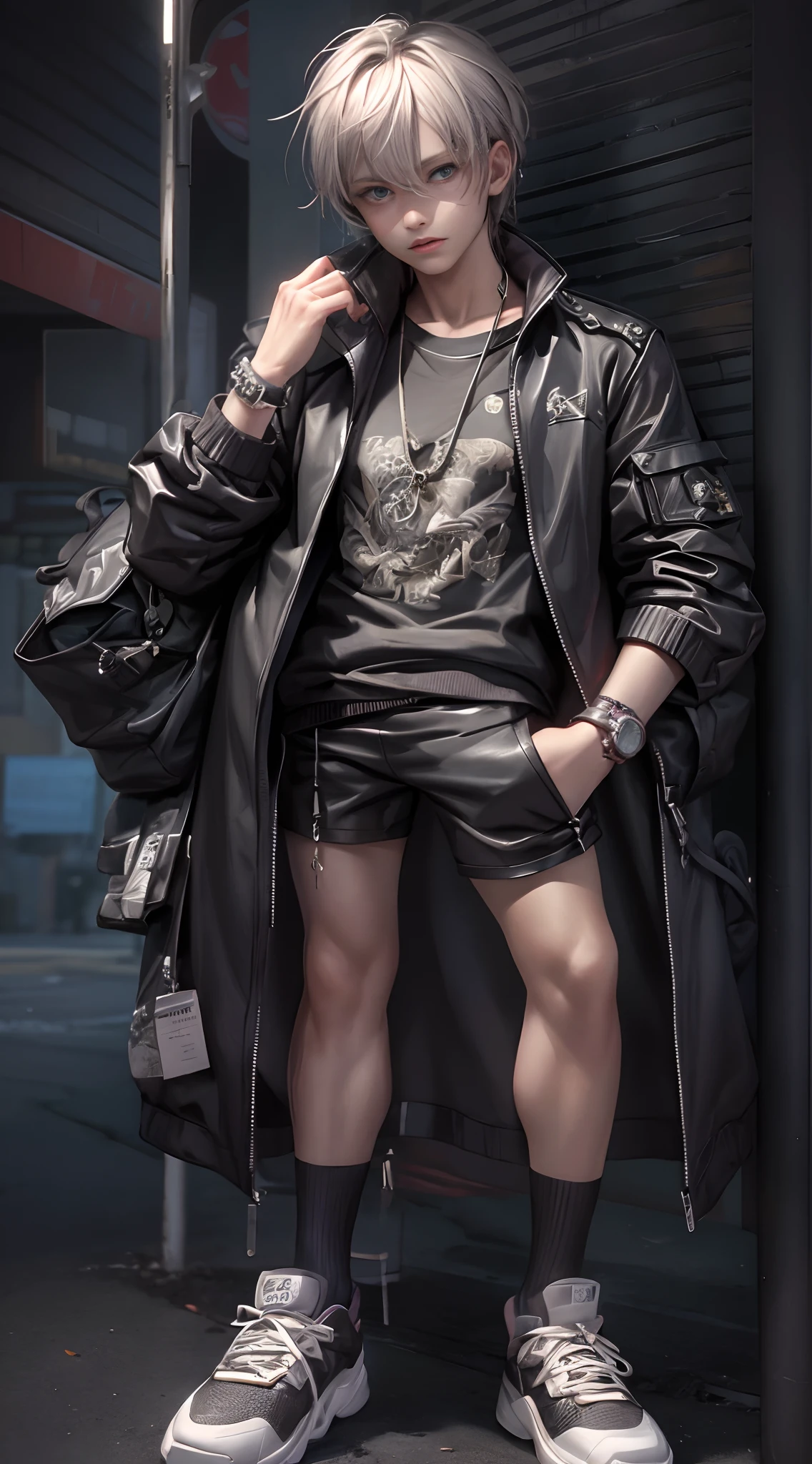 Pastel solid background，brightly，Fashion model，tmasterpiece，Best quality at best，offcial art，8k wallpaper，The is very detailed，illustratio，1boy，fashionable attire，Wrist watch，athletic sneakers，jaqueta com capuz。