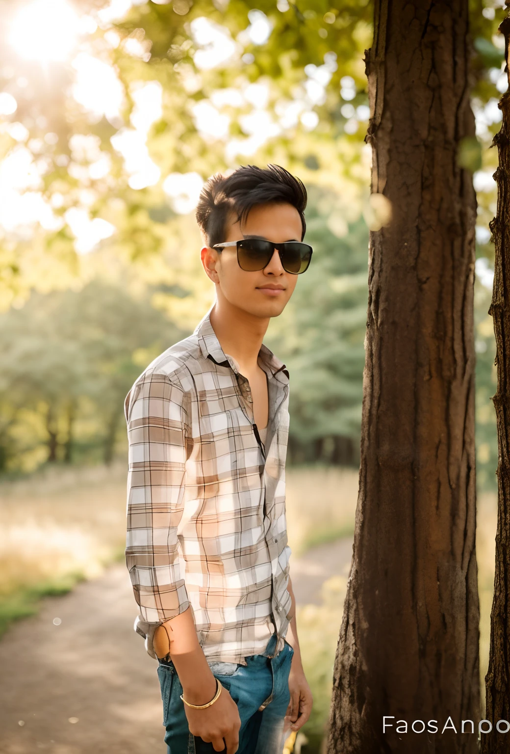 arafed man in sunglasses standing in front of a tree, in front of a forest background, with lovely look, with sunglass, with accurate face, casual photography, with trees, in sunny weather, candid picture, ayan nag, with kind face, photo taken with canon 5d, shot on nikon z9, around 1 9 years old, amidst nature