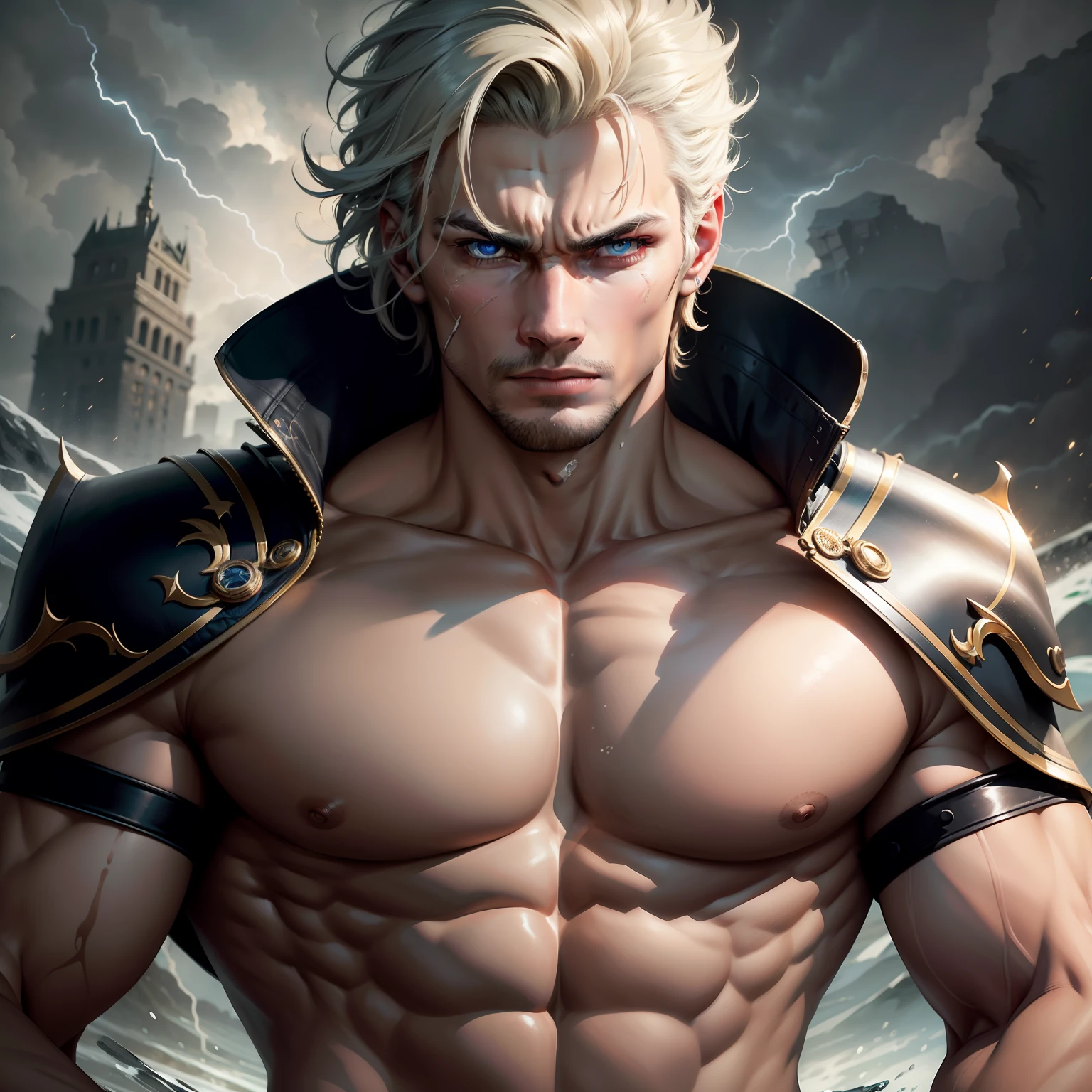 (tmasterpiece,best qualtiy), intricately details, 8k, artstation, the wallpaper, offcial art, splashart, Storm in the background, tack sharp focus, 1boy, (Photorealsitic:1.2) (bokeh) (best qualtiy) (detailedskin:1.3) (complexdetails) (8K) (detailedeyes) (sharp-focus) irate, combat damage, clench one's teeth, irate, greene eyes, malefocus, musculous, Muscular males, chest muscle, obi strip,topless male,torn laundry,Wristbands,