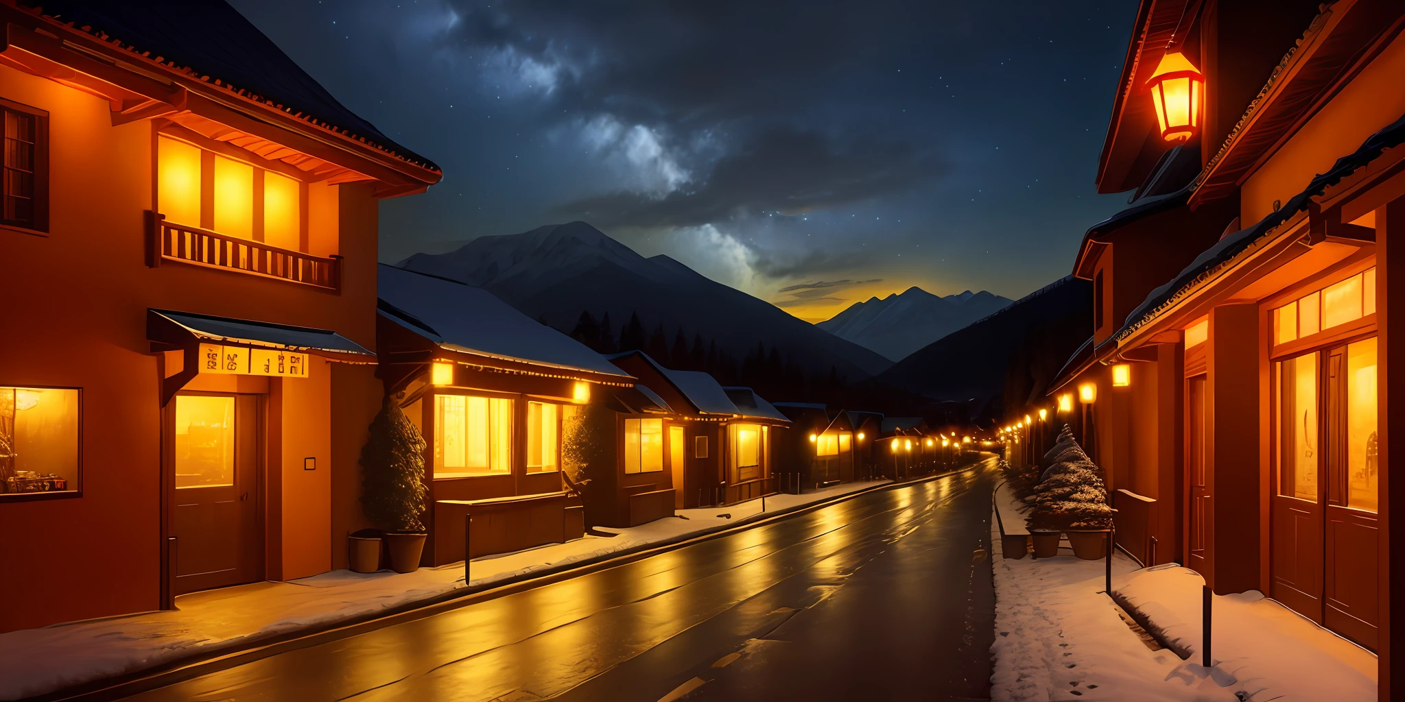 mont,Lights on the mountain,the night,Red cloud,nevando,the street,lanterns