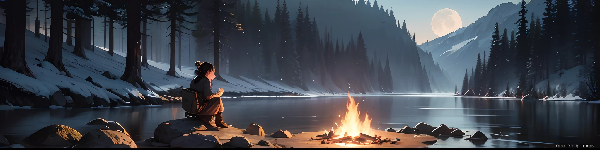 Masterpiece, Best quality, Ultra-detailed, illustration, 1girll, Solo, Outdoors, camping, Night, Mountains, Nature, stars, Moon, bonfires, tenten, double-ponytail, Green eyes, cheerful big breasts, cheerfulness, Backpack, sleeping bag, Camping stove, Water bottle, Mountain boots, mitts, Sweater, Hat, Flashlight, forest, Rocks, River, wood, Smoke, Shadows, Contrast, Clear sky, constellation, Milky Way, Peaceful, serene, Quiet, tranquil, Remote, secluded, Adventurous, exploration, escape, independence, Survival, resourcefulness, challenge, perseverance, endurance, endurance, Observation, intuition, Adaptability, creativity, imagination, Artistry, Inspiration, Beauty, in awe, Wonder, Gratitude, Appreciation, unwind, Enjoyment, rejuvenation, Mindfulness, Awareness, Connection, Harmony, balance, Texture, detail, Realism, Depth, Perspective, composition, Color, Light, black shadows, Reflection, refractions, Ton, Contrast, foreground, Middle ground, Background, Naturalistic, Figurative, representational, impressionistic, expressionistic, abstracted, Innovative, Experimental, Unique