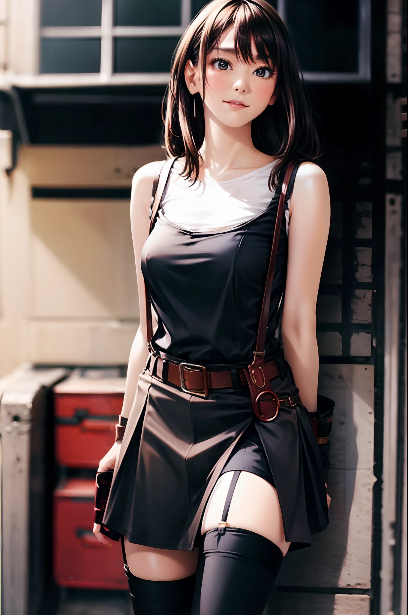 a belt Colossal tits suspenders garterbelts Black stockings Black tank top a miniskirt Brown hair Gray eyes