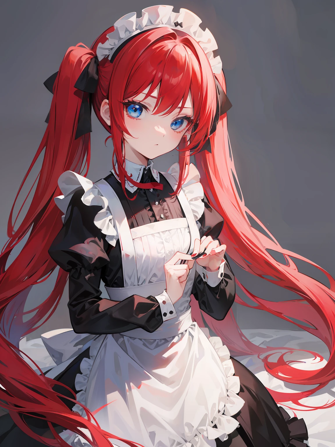 red hair,blue eyes,twintails,maid, long hair, long sleeves, gothic, solo, loli,{{best quality}}, {{masterpiece}}, {{ultra-detailed}}, {illustration}, {detailed light}, {an extremely delicate and beautiful},