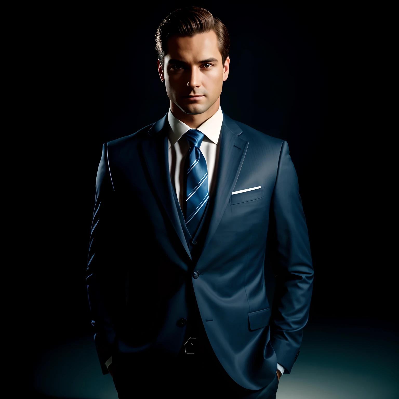 a Man standing with 30 years in suit and tie, body and head straight in the photo, DSRL, facing the viewer of the photo, eyes fixed to the lens, appears shoulders and head in the photo, man centered in the photo, 8k, best quality, masterpiece, realistic, realistic photo, movie photo, ultra realistic, 1 person, detailed, Perfect lighting, DSRL, professional photo, 4k