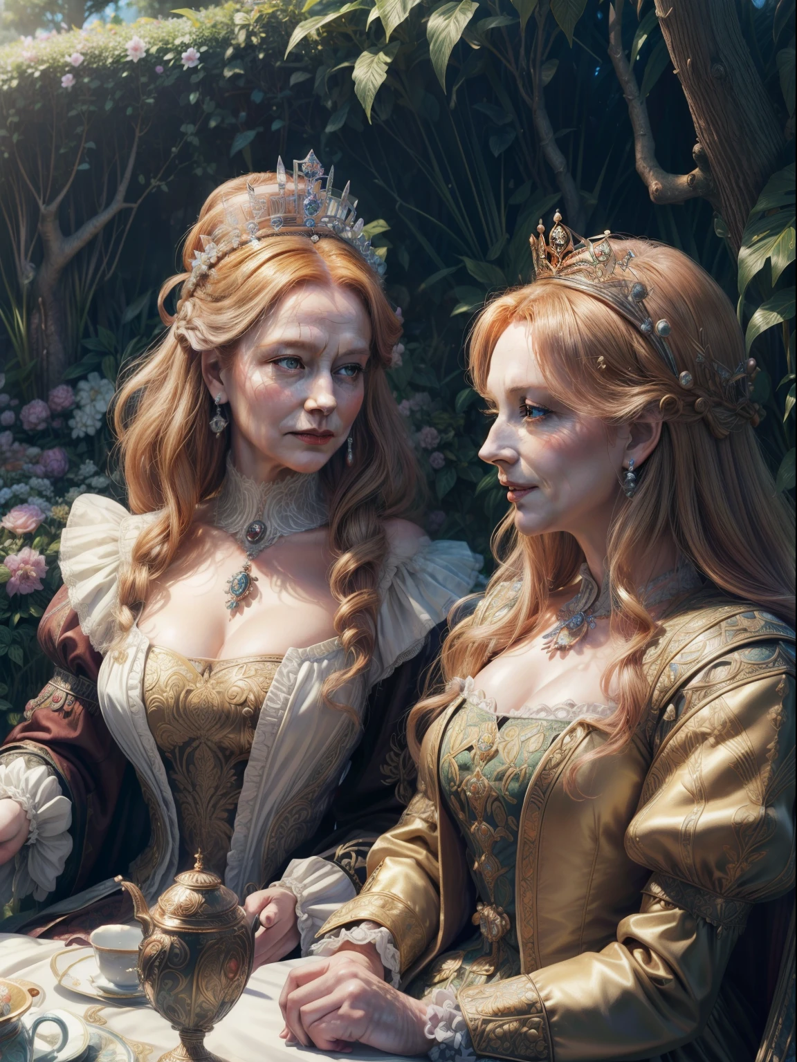 (Queen Elizabeth I) and (Queen Elizabeth II) having afternoon tea in the garden of Eden, detailed face, detailed eyes, happy laughter, insanely detailed and intricate, ultra-sharp and clear, volumetric lighting, ultra-high resolution, masterpiece hyper realistic artwork of Frank Bellamy, insanely detailed and intricate, centered, Professional Color Grading by Kenneth Hines Jr., trending on Artstation