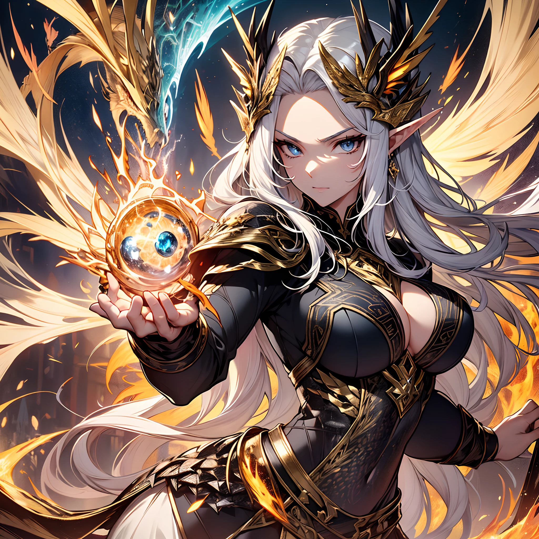 Graceful and fierce, the hybrid of elf and dragon takes the mantle of Thor, her presence a force of nature, a convergence of elegance and power, ethereal pointed ears peeking through fiery red locks, eyes reflecting the wisdom of ages, irises like molten gold, sharp features exuding both elven beauty and draconic might, her form encased in enchanted armor, intricate patterns resembling dragon scales, metallic wings extending majestically, catching the light with a brilliant sheen, feathers shaped like precious gemstones, glinting in the sun's embrace, a celestial tempest swirling around her, lightning coursing through veins of both elf and dragon, Mjölnir clutched in her grasp, a weapon that channels the forces of both earth and sky, a guardian of realms, a symbol of unity between races, forging a destiny entwined with magic and destiny, (mature face:1.4)