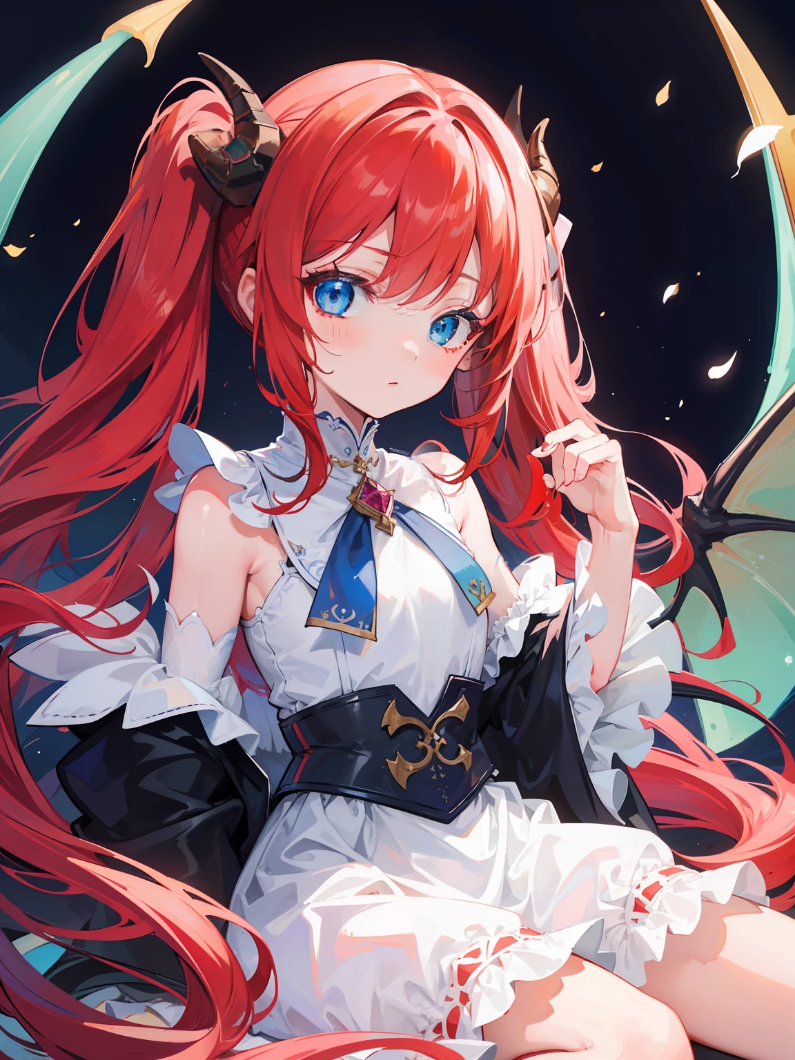 {{best quality}}, {{masterpiece}}, {{ultra-detailed}}, {illustration}, {detailed light}, {an extremely delicate and beautiful},Dragon Horns, girl, solo, Twintails, red hair, blue eyes, cute, fantasy, fantasy style, Dragon Girl,loli,little girl,