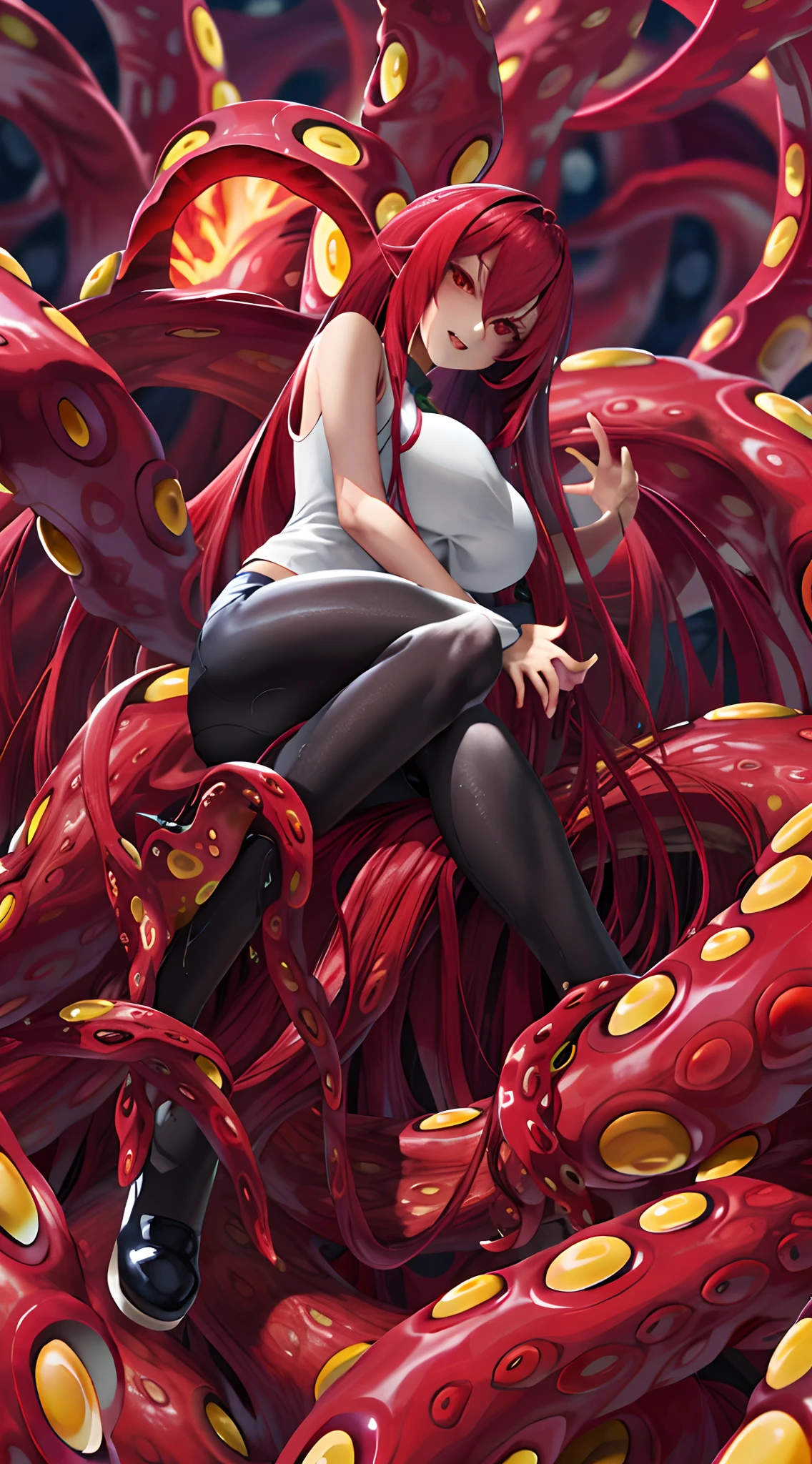 Full body like，Large bust，long leges，Red octopus tentacles。many tentacles，Many tentacles are everywhere，drenched all over the body，Sit Pose，Flame it up，Evil expressions，Cold store expression，red color eyes