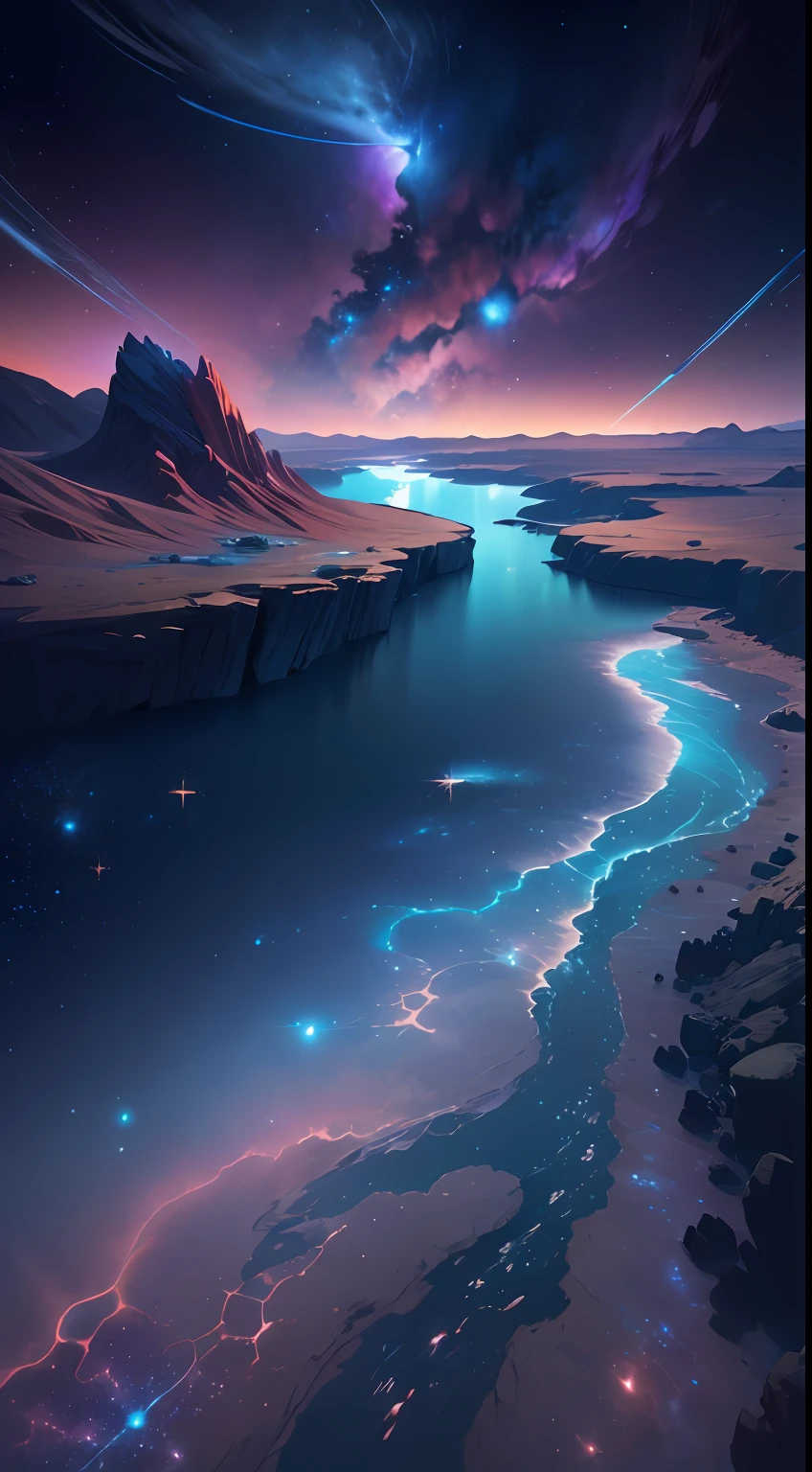 ((8K)),The bottomless blue sea,Starry sky with rivers and distant milky ways, galactic landscape, epic beautiful space scifi, cosmos sem fim no fundo, high detailed digital art, Space landscape