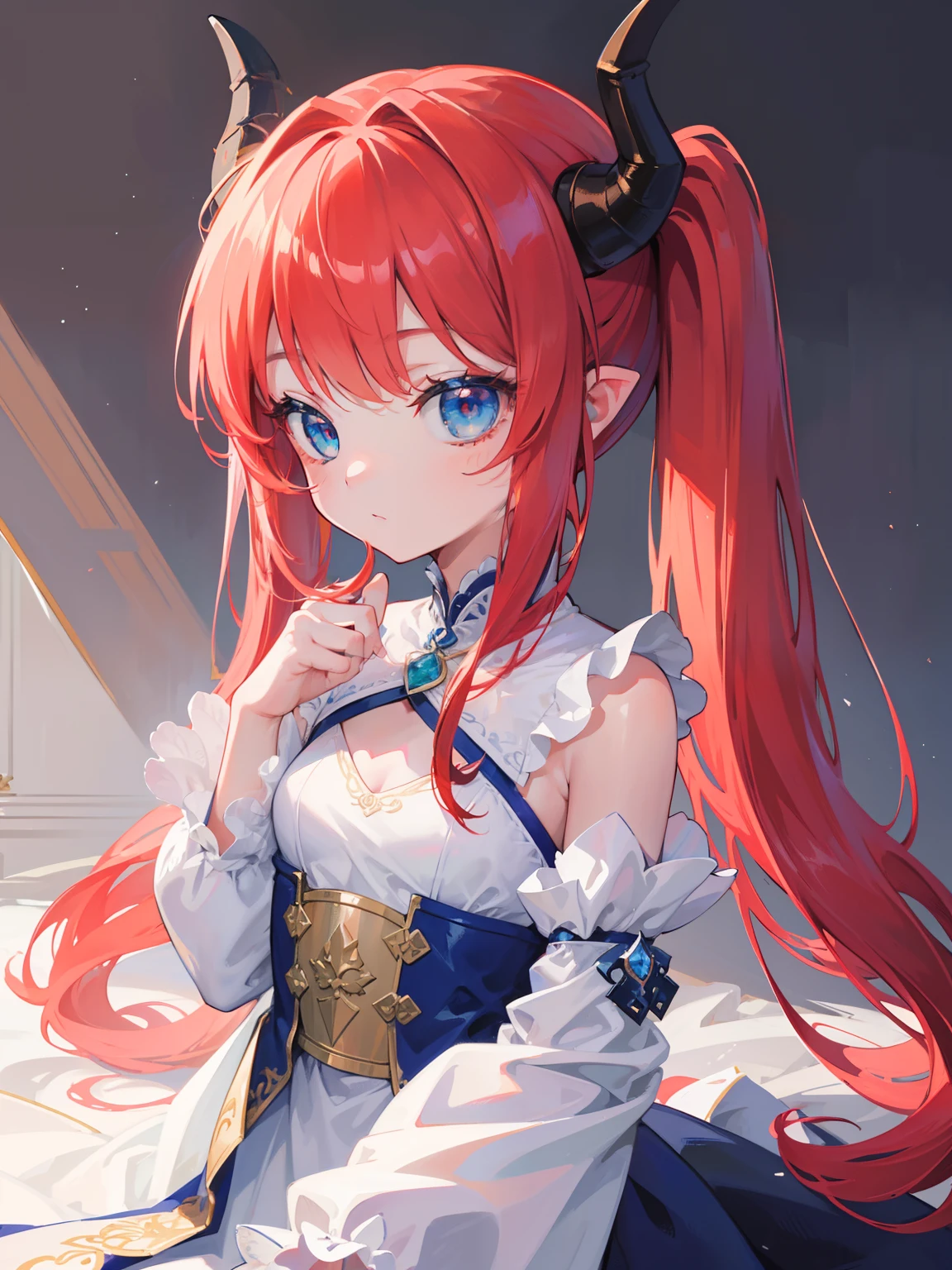 {{best quality}}, {{masterpiece}}, {{ultra-detailed}}, {illustration}, {detailed light}, {an extremely delicate and beautiful},Dragon Horns, girl, solo, Twintails, red hair, blue eyes, cute, fantasy, fantasy style, Dragon Girl,loli,little girl,