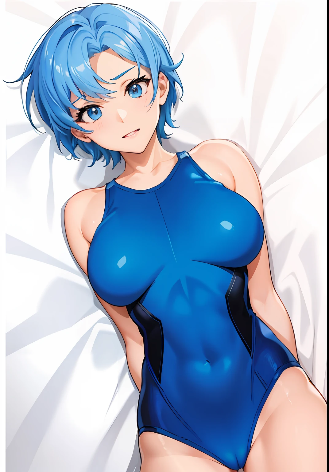 Cartoon photo of a man in a blue leotard, leotard, Men with short blue hair, Wearing a leotard, garments:leotard, Rogue Anime Boy, highleg leotard, short-hair, leotard, wearing leotard, Wear a leotard