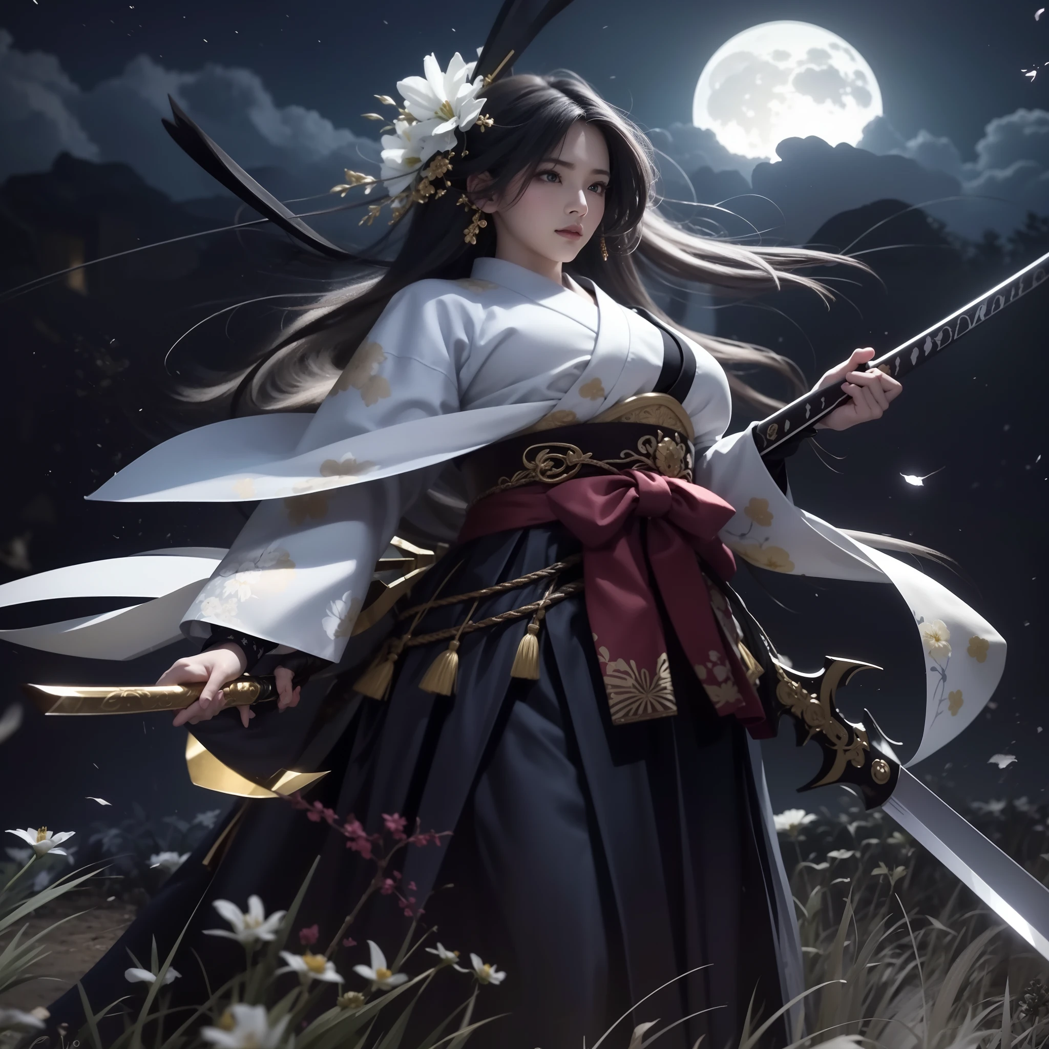 Raw photography、8K、32K、top-quality、超A high resolution、beautiful faces detailed、Real Human Skin、Gentle expression、front-facing view、angle from bellow、length hair、realphoto、realisitic、Dual-wielding female swordsman illuminated by the moonlight of a dark night、combat pose、Red Eyes、Blue eyes、Kimono with white floral pattern、Hakama with black gold decoration、Colossal tits。