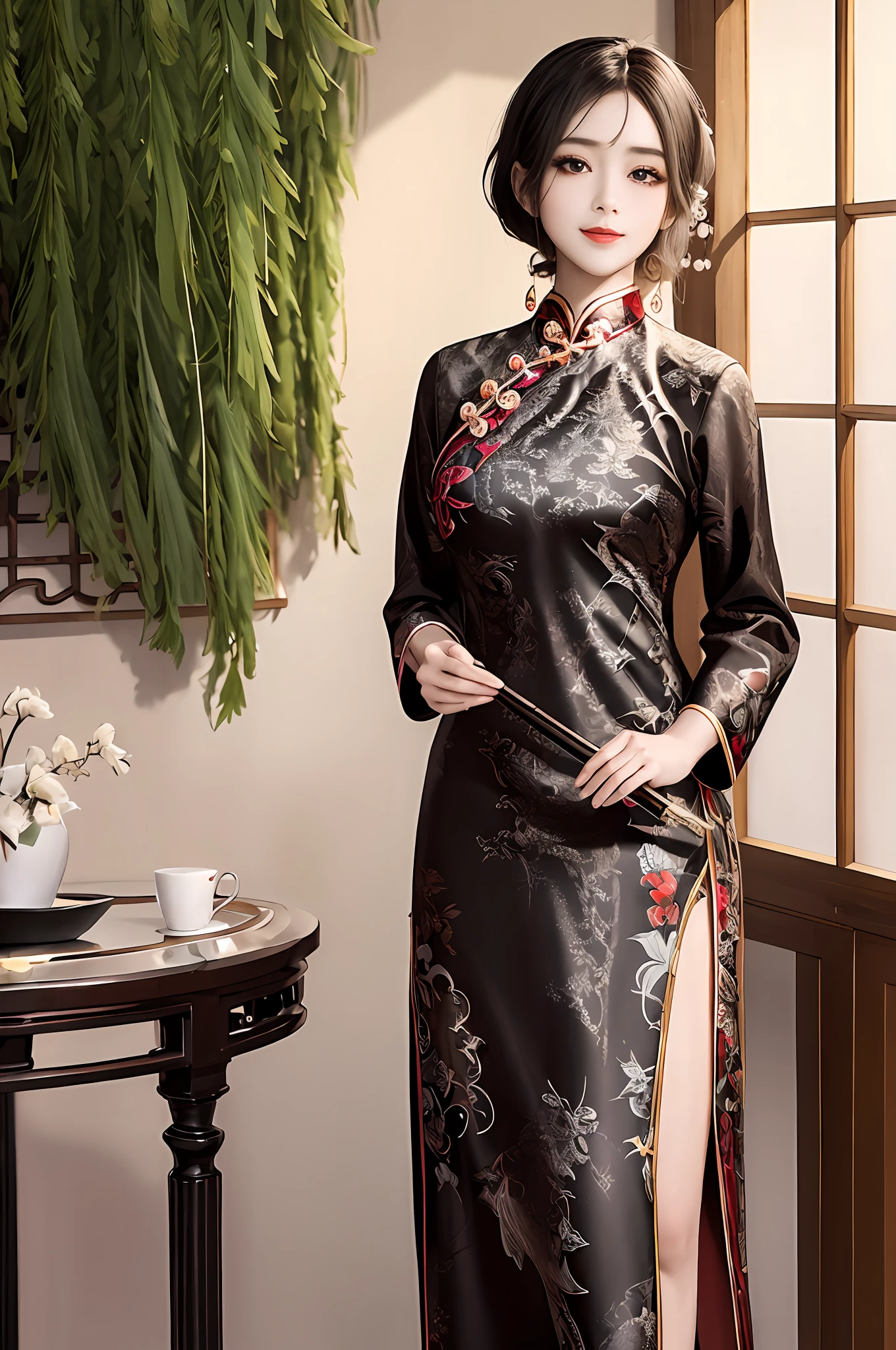 ((best qualtiy,tmasterpiece,ultra - detailed)),1girll,(Solo exhibition),realisticlying,1girll,putting makeup on,ChineseGirl,lips parted,Be red in the face,(chinaware),Light smile,east asian architecture,suns,rays of sunshine,inverted image,hair adornments,(Detailed face),(full bodyesbian),(ink and watercolor painting),(illustratio),(Detailed light),(cinematric light),(is very beautiful),Ink staining,colorful drawing,(aquarelle), (ssmile),cute face,beautidful eyes,(Black hair),long whitr hair,Ultra-fine hair,Floating hair,Flowing willow leaves,(Foliage),(Colorful cheongsam),long skirt,(Embroidered lace), The character in the center of the picture,((rhythm)),Pull the hem,fanciful,(Color ink),Ink background,
