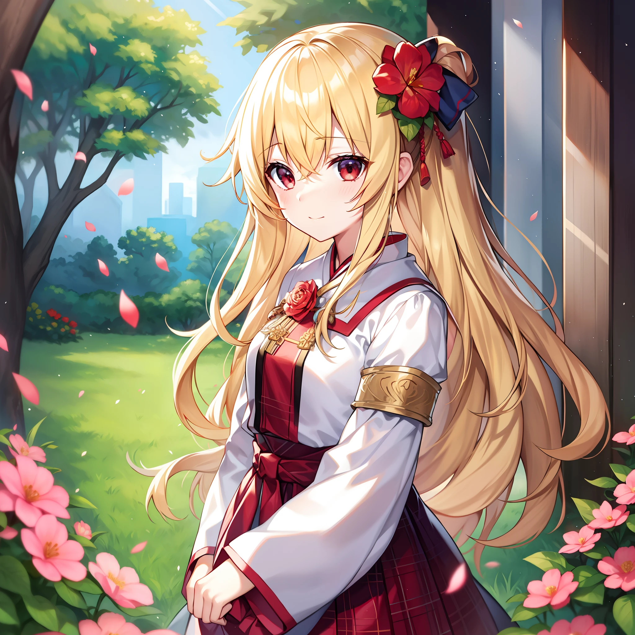 Wavy blonde、red eyes、Beautiful girl alone、独奏、animesque、flower  field、Fluffy clothes、skirt by the