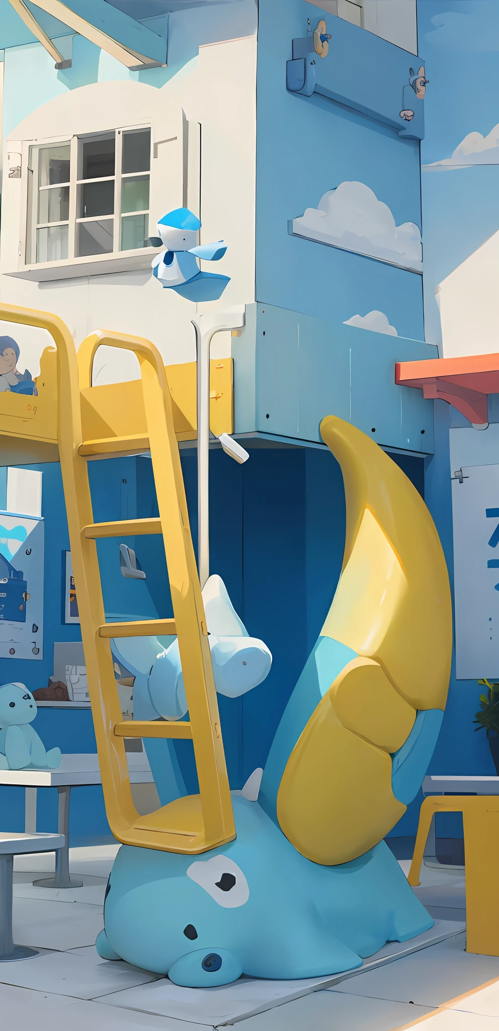 No Man, Indoors, Simple scenario, food, Table, White clouds, Blue sky, Children's playground, plate, window, chair, plushies, plushies, slide, toys,, ((Masterpiece)),(Best quality),