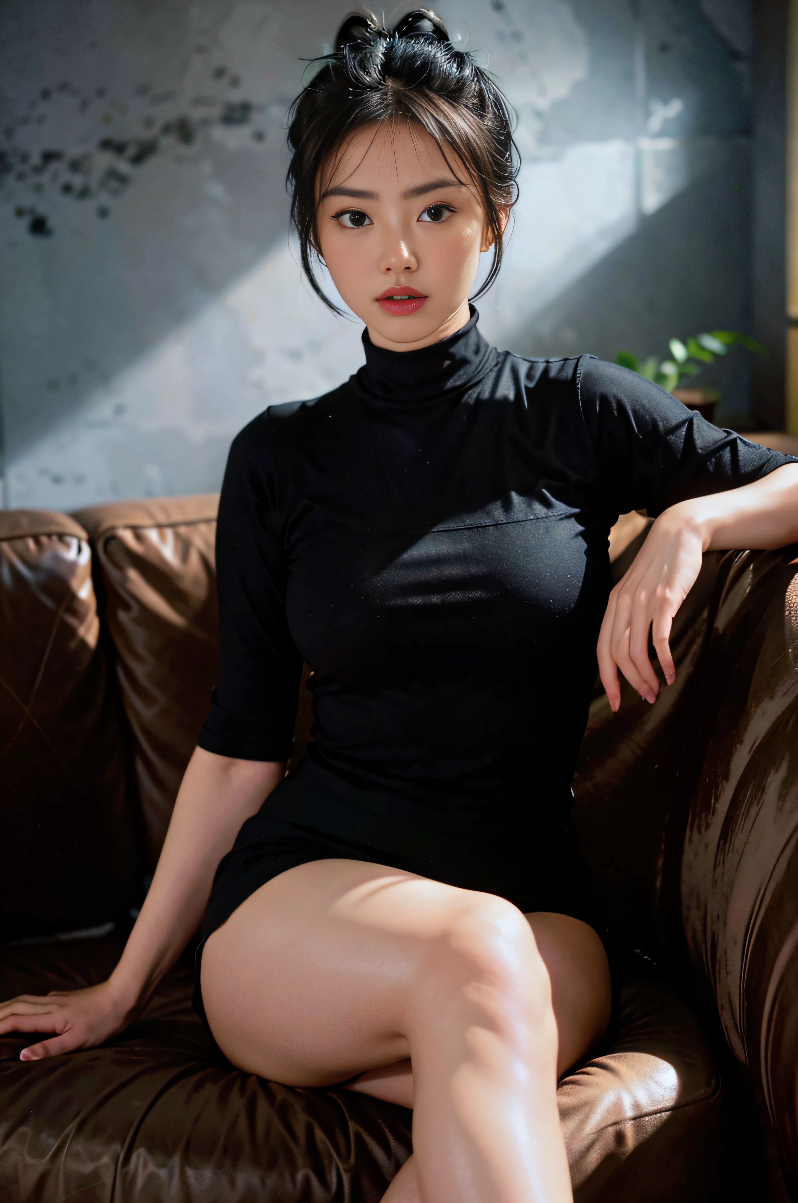 (space_buns_hairstyle:1.3), a woman posing for a photo, bare legs, full body photo, wearing elegant clothes, black stockings
Good Hand, 4K, High Resolution, Masterpiece, Best Quality, Head: 1.3, ((Hasselblad Photography)), Fine Skin, Clear Focus, (Cinematic Lighting), Night, Soft Lighting, Dynamic Angle, [:( Detail: 1.2): 0.2], ((Single Sofa Seat))),
