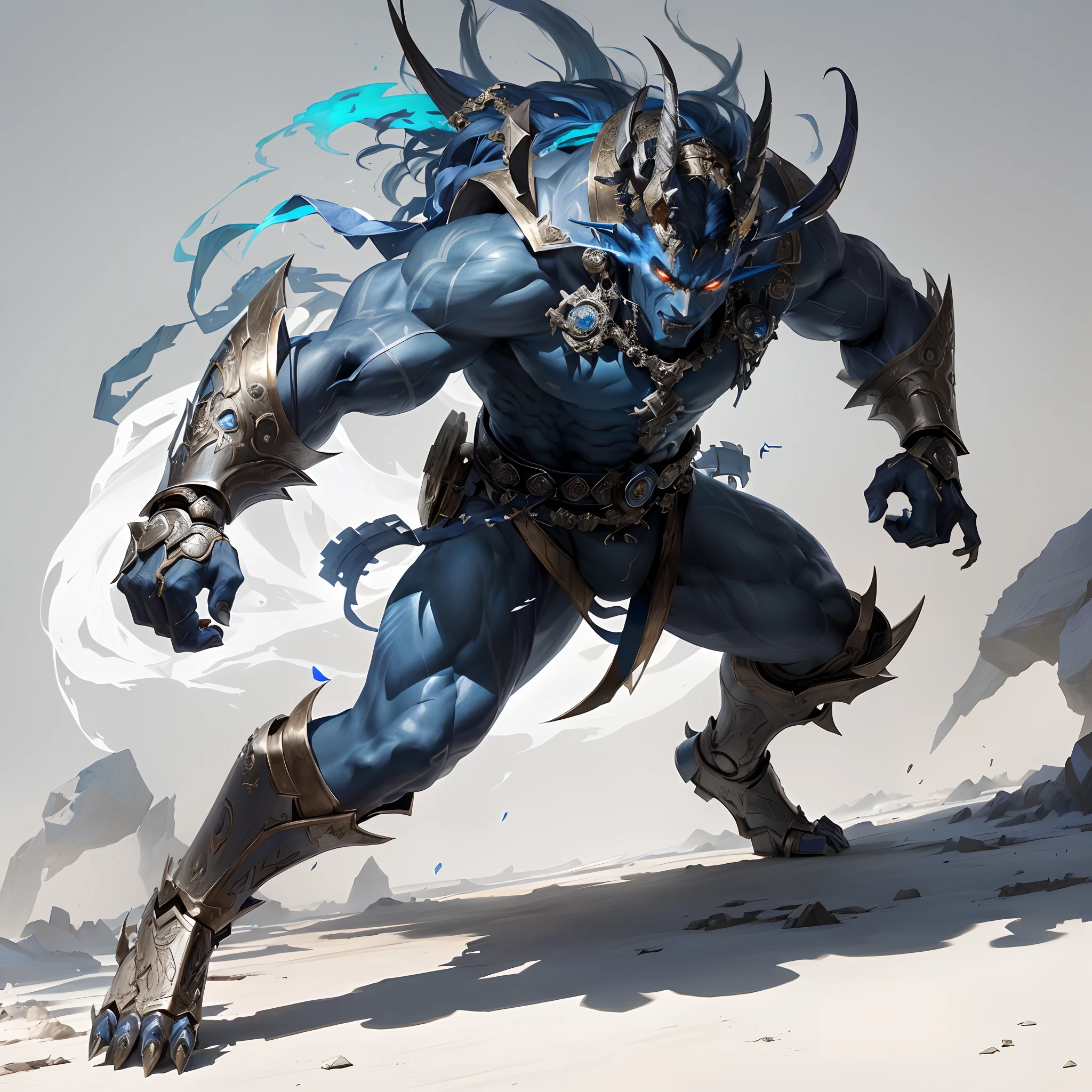 Alafed image of a blue devil with a sword in his hand, by Yang J, male djinn man demon hybrid, by Shen Zhou, chengwei pan on artstation, djinn man male demon, feng zhu concept art, fit male demon with white horns, by Zhou Chen, beautiful biomechanical djinn, amazing 8k character concept art