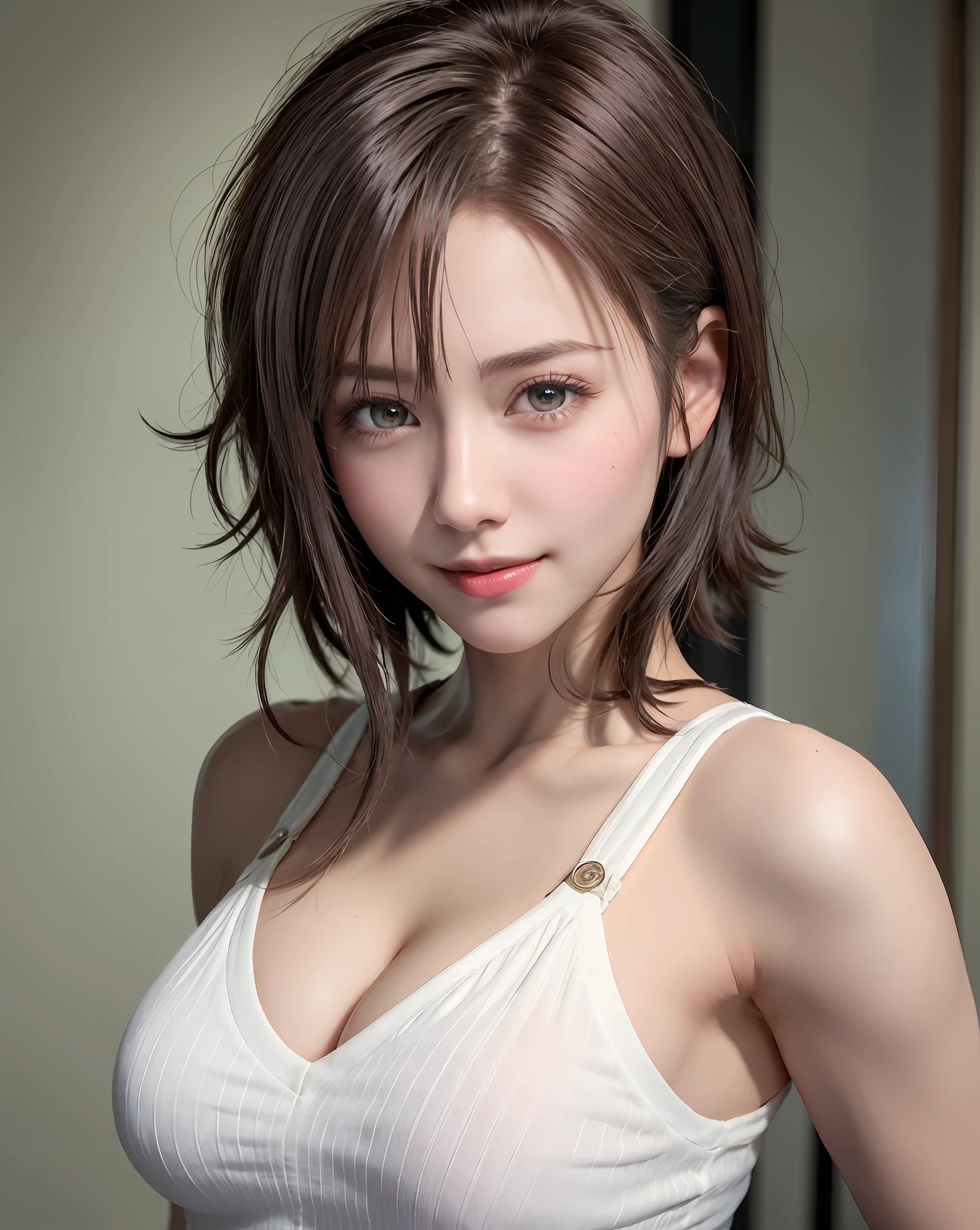 Best Quality, Ultra High Resolution, (Photorealistic: 1.4), Beautiful Eyes, Super Beautiful, Very Short Hair, Beautiful, Sweetheart, T-shirt with Rough Chest, Beautiful Soldier, Eyes That Invite Viewer, Lover's Perspective, Inviting Expression, Sexy Smile, Perfect Style, Perfect Balance, Detailed Skin, Naughty Gaze, Chest Visible