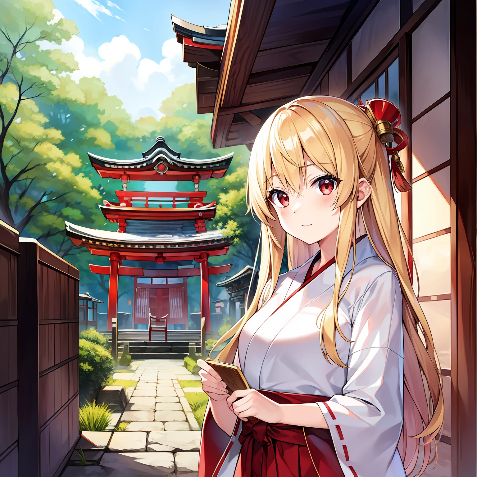 a blond、red eyes、Beautiful girl alone、独奏、animesque、White priestess uniform、red hakama、shrines