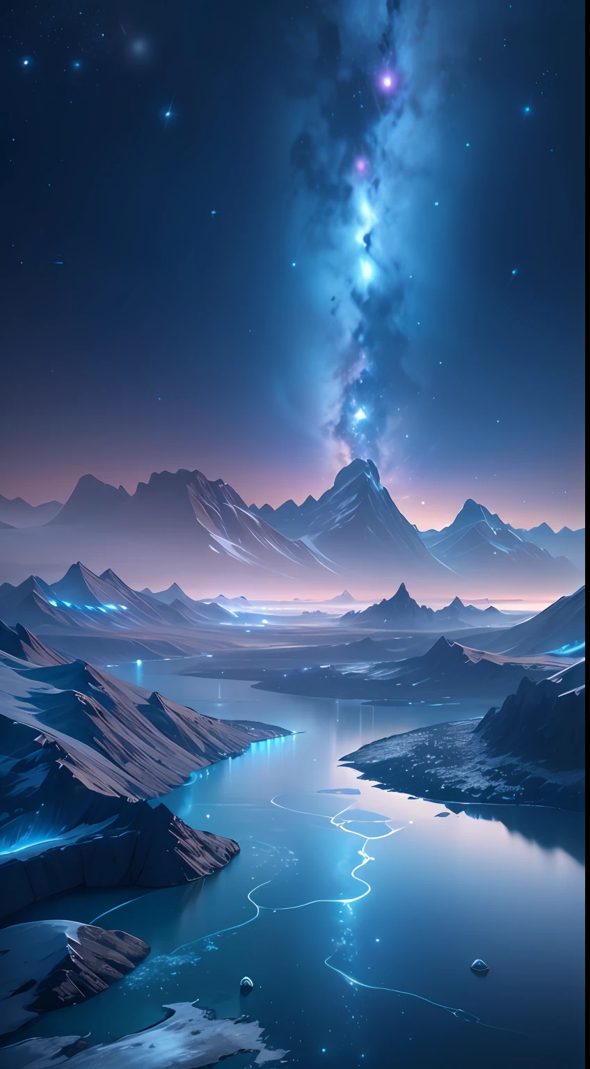 ((8K))，glacier，Starry sky with rivers and distant milky ways, galactic landscape, epic beautiful space scifi, cosmos sem fim no fundo, high detailed digital art, Space landscape