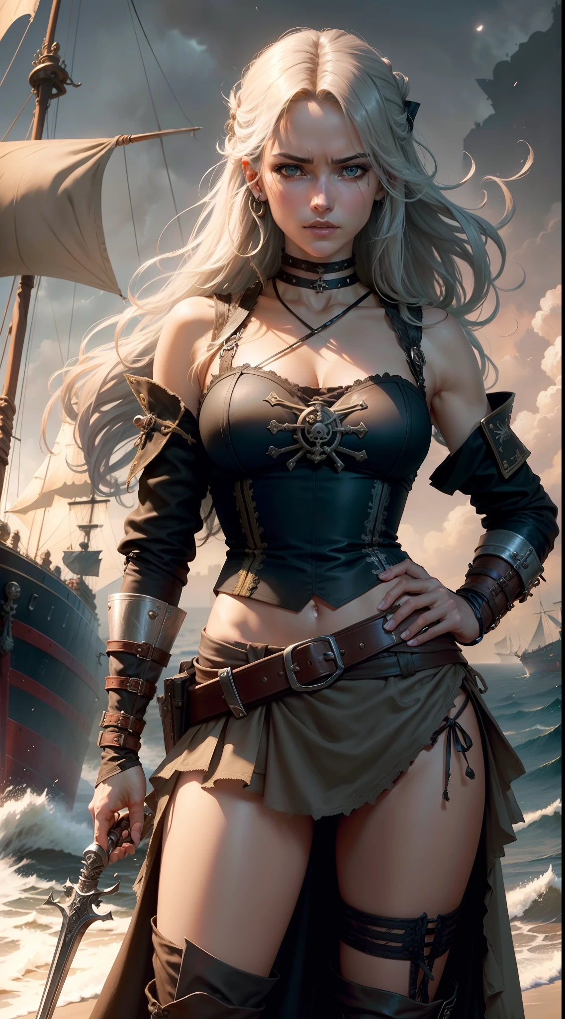 Generate [bichu] [greg rutkowski] by [luis royo] (point-of-view:1.5) detailed, intricate, oil on canvas, dry brush illustration of youthfull [1girl:1.5] [solo:1.5]. She is buxom dangerous daring (pirate:1.2) (admiral:1.2) prt (lost in thought), she is on a [stern] of [pirate ship] Galleon deck with her hand on her hip during dynamic and dramatic [naval battle], [jolly roger] flutters on the mast, during cold cloudy gloomy [rainy night:1.2] fog illuminated by moonlight glow. Ship a sleak frigate in the distance firering broadside salvo with visible flash and gunpowder smoke. Wearing rugged brown tight [leather corset] with belt and straps and bandolier with (laced tunic:1.5) with exposed bare shoulders and [admiral pauldrons], [black chocker], and [long skirt] and armed with [Flintlock] tucked under belt and [sabre] on her hip.