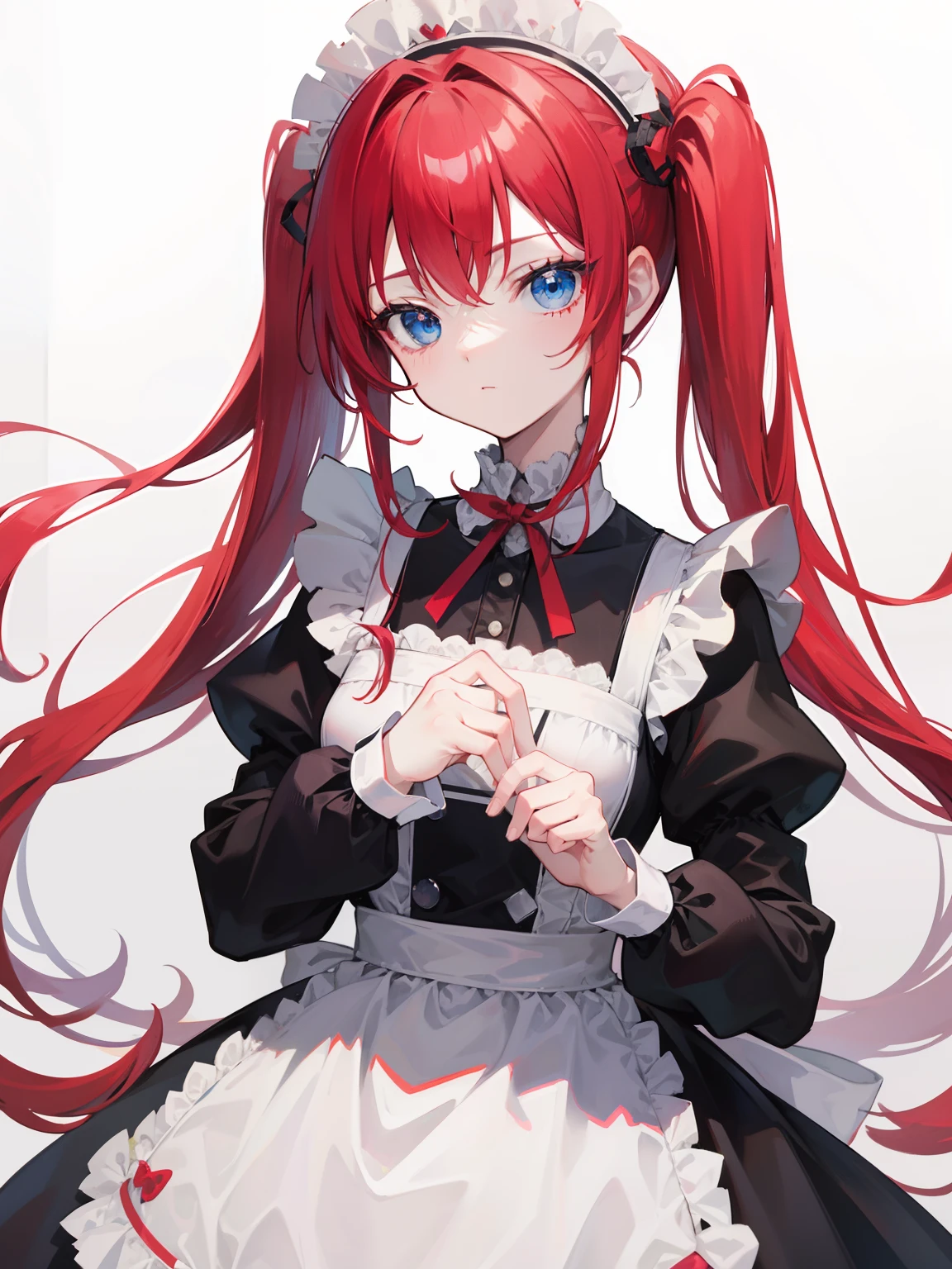 red hair,blue eyes,twintails,maid, long hair, long sleeves, gothic, solo, loli,{{best quality}}, {{masterpiece}}, {{ultra-detailed}}, {illustration}, {detailed light}, {an extremely delicate and beautiful},