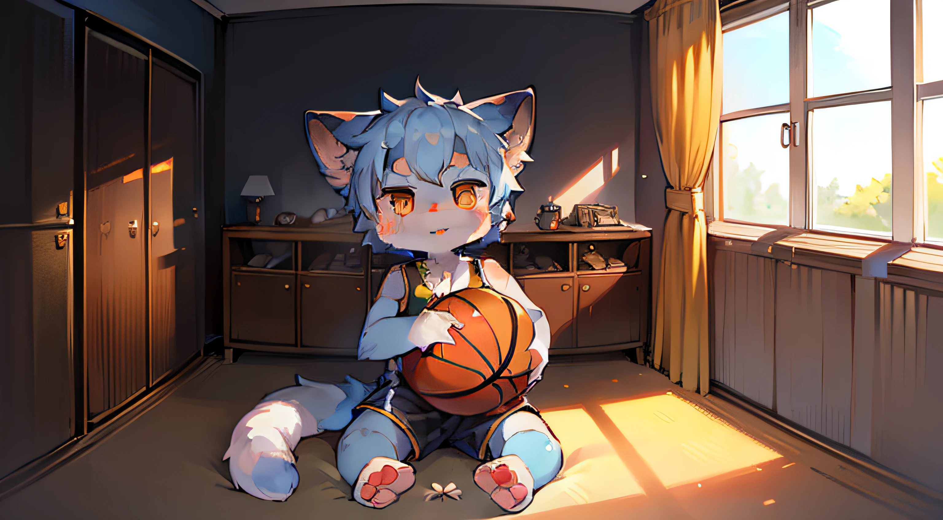 tmasterpiece,high qulity,Ridiculous resolution,digitial painting\(artwork of a\),Dagasi,Yupa,Kiyosan,(Fluffy fur:1.1),(luminance:0.8),anthro male cat。 (Orange eyes,Gray-blue fur,Full Body Furry,Cat nose:1.2),eyes with brightness,in a panoramic view,Character focus。detailedbackground,(Yellow basketball jersey,perspire,dribbble,Playing the Basketball:1.2),(inside in room,basketball playground: 1.2)