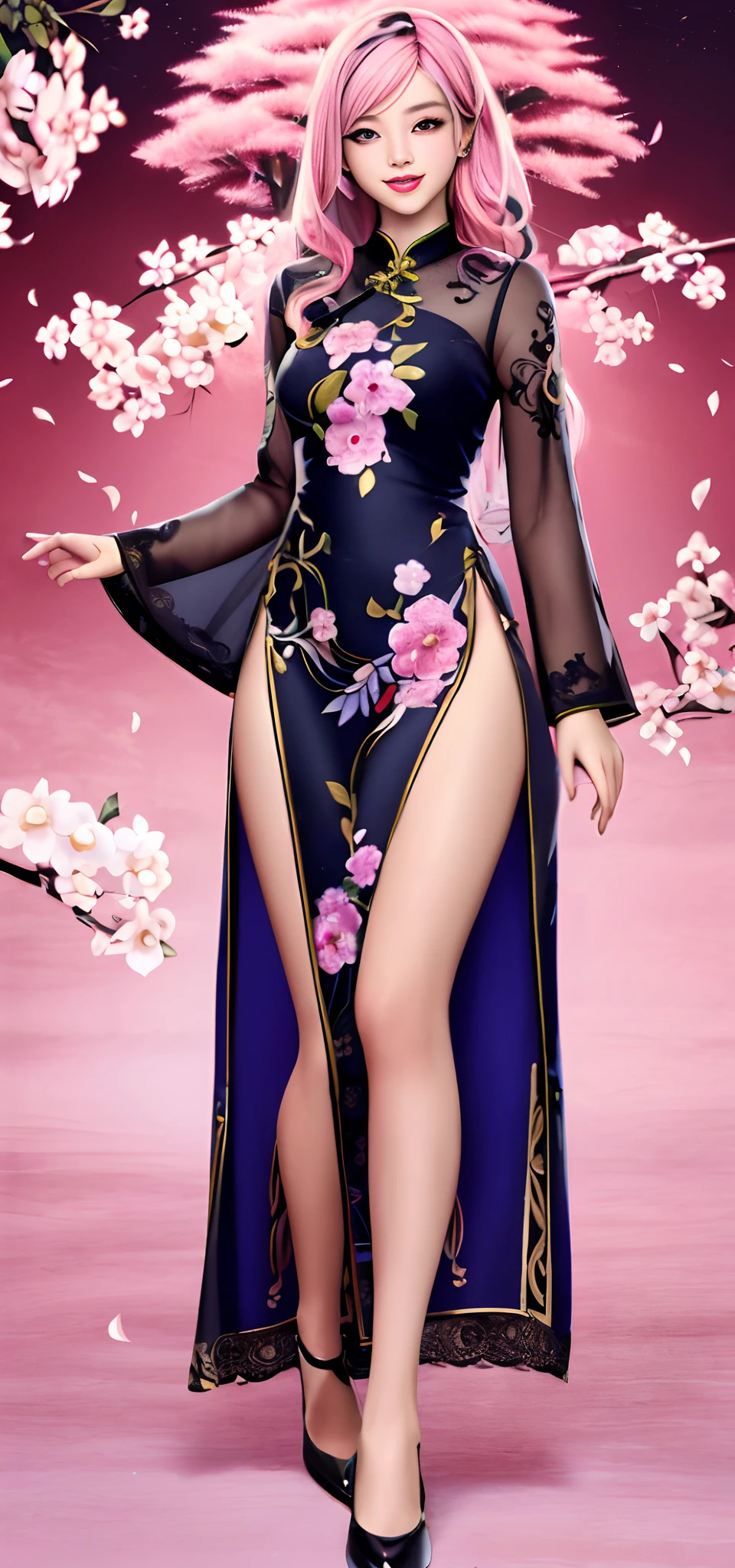 ((best qualtiy,tmasterpiece,ultra - detailed)),1girll,(Solo exhibition),realisticlying,1girll,putting makeup on,ChineseGirl,lips parted,Be red in the face,(chinaware),Light smile,east asian architecture,suns,rays of sunshine,inverted image,hair adornments,(Detailed face),(full bodyesbian),(ink and watercolor painting),(illustratio),(Detailed light),(cinematric light),(is very beautiful),Ink staining,colorful drawing,(aquarelle), (ssmile),cute face,beautidful eyes,(Black hair),long whitr hair,Ultra-fine hair,Floating hair,Flowing willow leaves,(Foliage),(Colorful cheongsam),long skirt,(Embroidered lace), The character in the center of the picture,((rhythm)),Pull the hem,fanciful,(Color ink),Ink background,